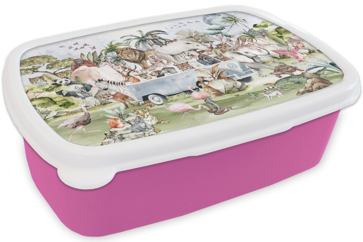 Kunststoff Lunchbox Pflanzen, MuchoWow - Kinder Snackbox, Kunststoff, Dschungel Bus Tiere Kinder, Mädchen, Brotbox rosa Erwachsene, - (2-tlg), - Brotdose für -