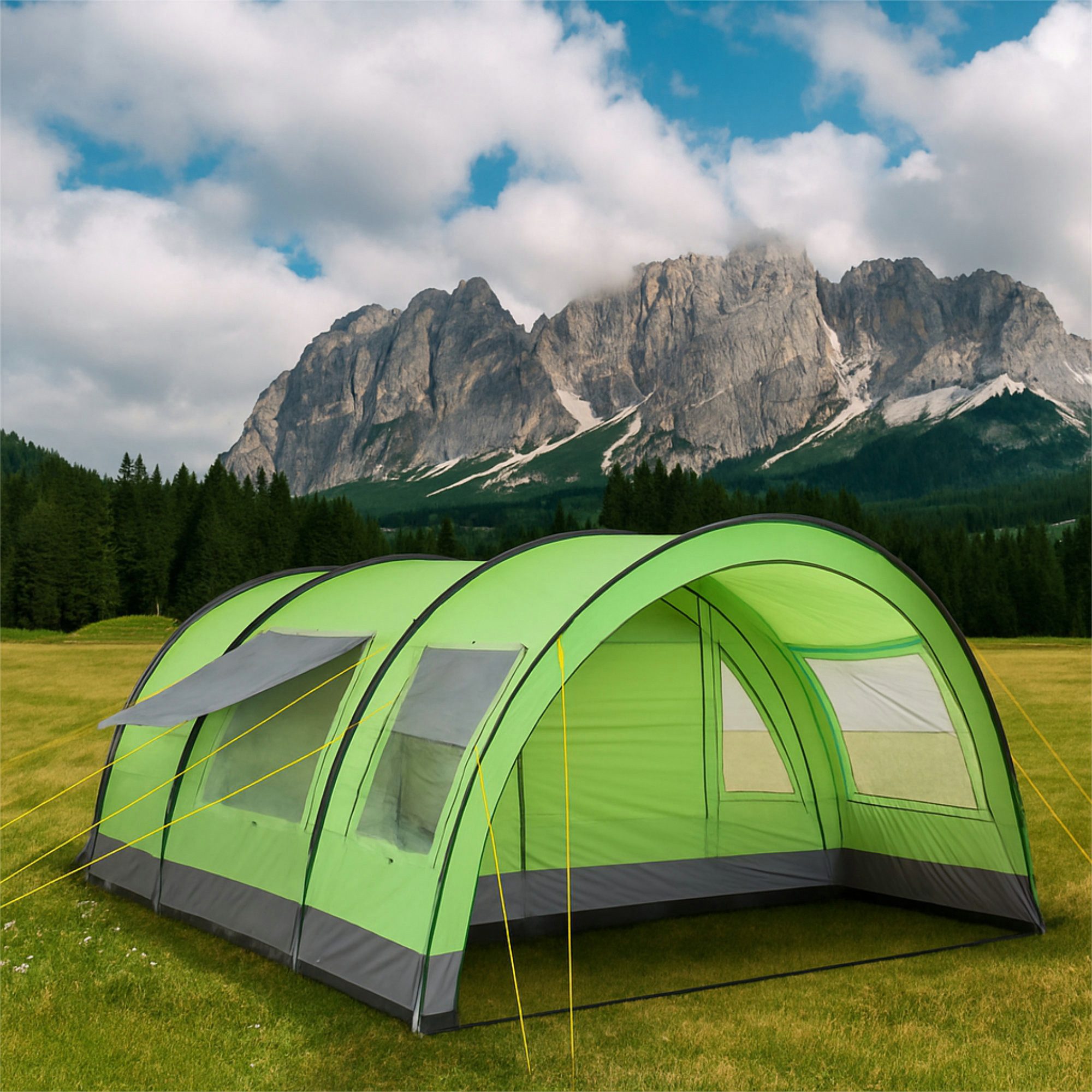 CampFeuer Tunnelzelt Zelt Relax6 für 6 Personen, 5000 mm Wassersäule, Grün/Grau, XXL Tunnel, Personen: 6