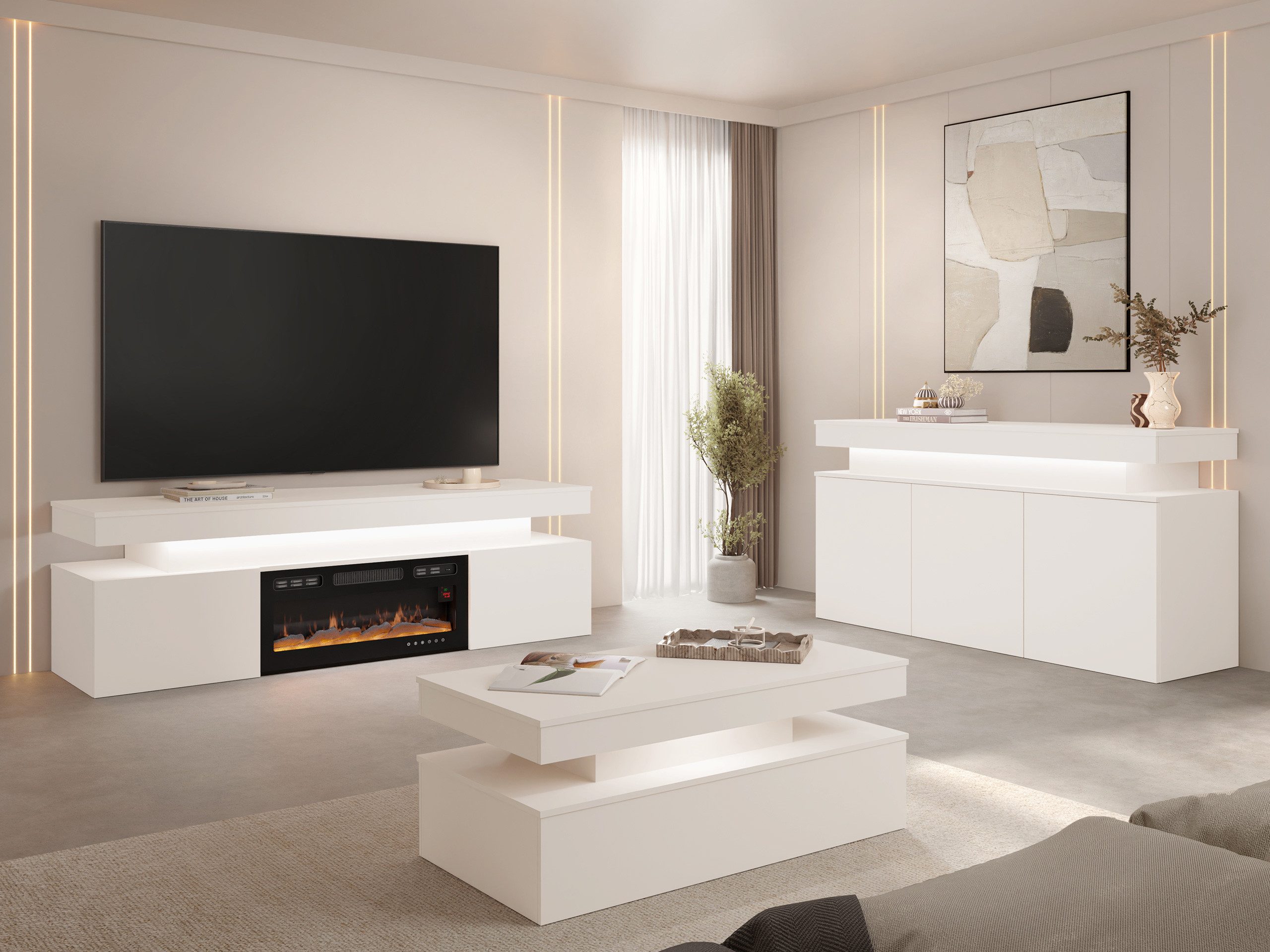 MIRJAN24 Wohnzimmer-Set Glossa Bis II, (3er-Set, Kommode, TV-Lowboard mit Kamin, Couchtisch), Weißer LED-Beleuchtung