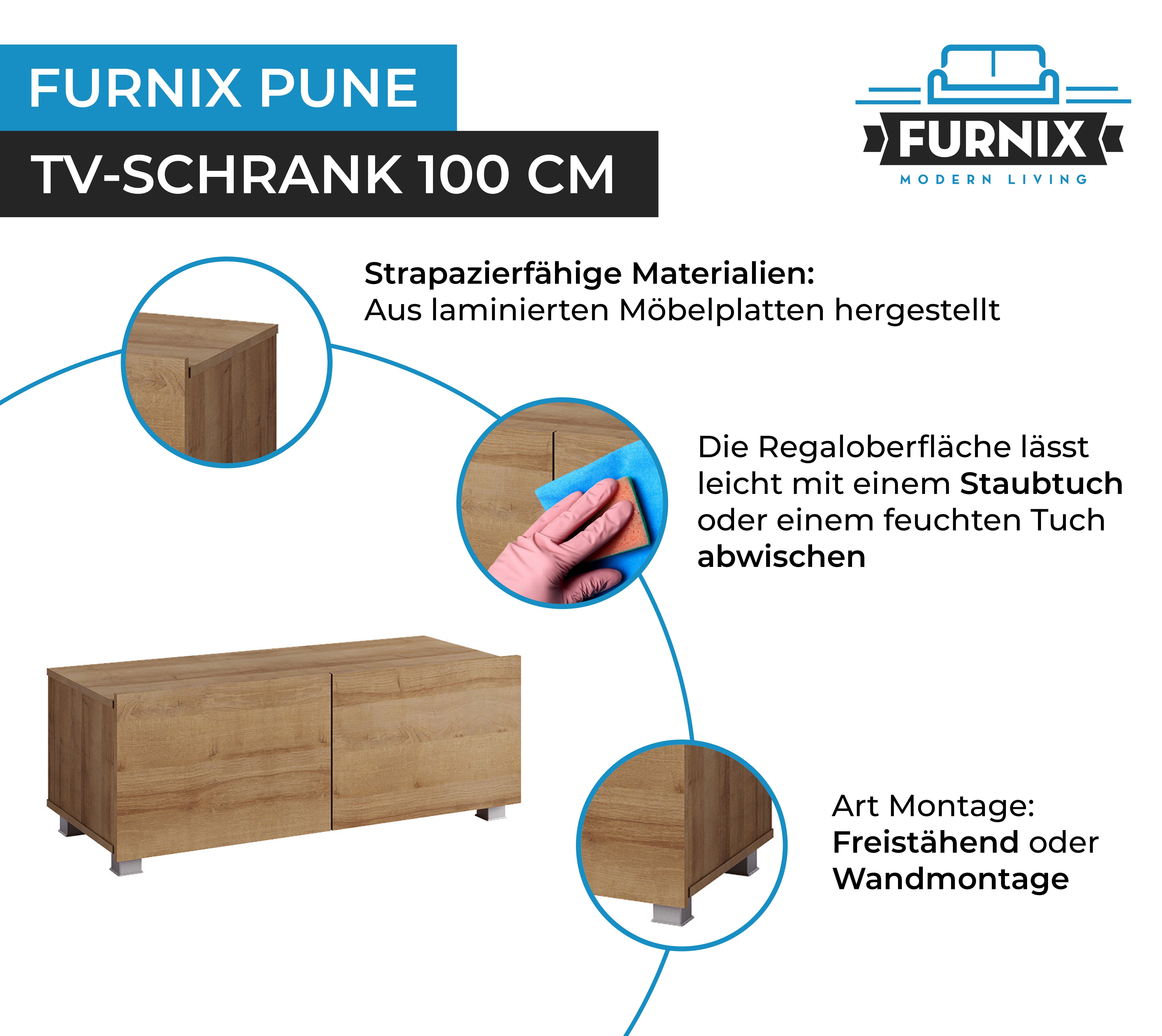 Wandmontage PUNE Goldene Eiche oder nach möglich TV-Lowboard TV-Schrank freistähend Wohnzimmer Furnix Wahl 100 fürs