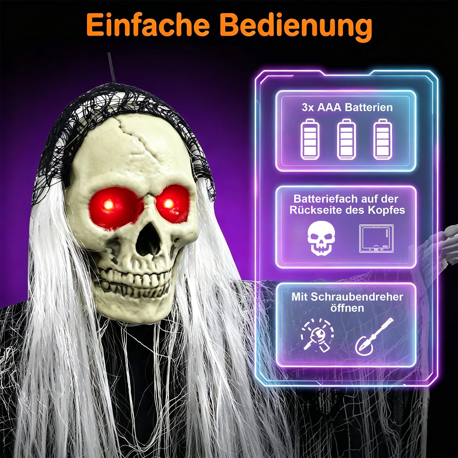 OZAVO Dekofigur Halloween Skelett Geist Hängender Geist Deko 180 cm mit Geräuschsensor (mit leuchtenden roten Augen&, ewegliche Arme), Halloween Deko außen für  – Bild 4 von 5