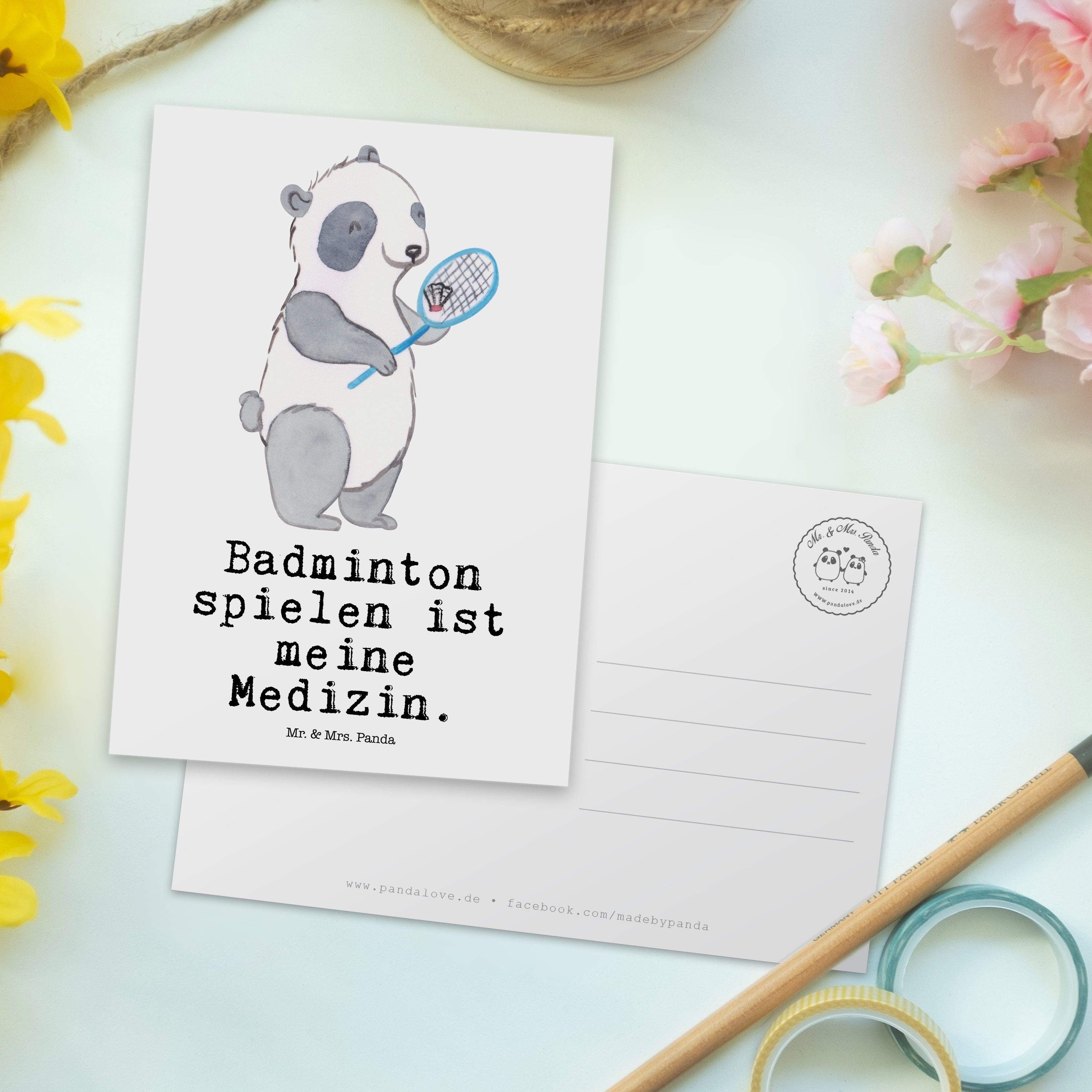 Mr. & Mrs. Panda - Ans Postkarte Weiß Geschenk, Panda Badminton - Medizin Geschenkkarte, Sport