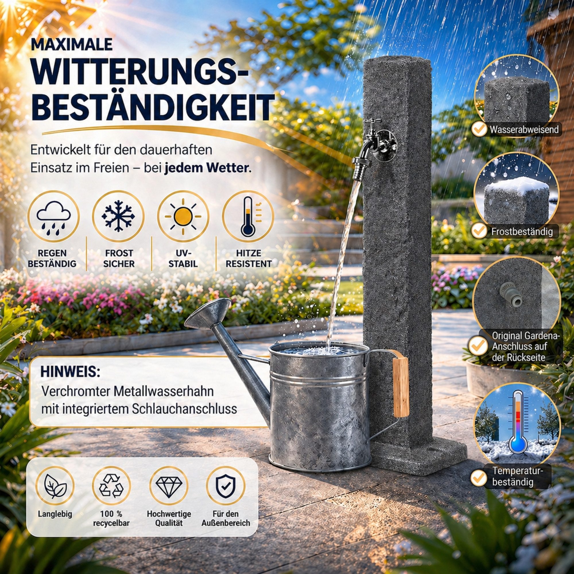 YourCasa Gartenbrunnen Wassersäule Garten, Stein-Optik, 98 cm, Wasserzapfsäule, 24 cm Breite, Verchromter Metallhahn mit Schlauchanschluss