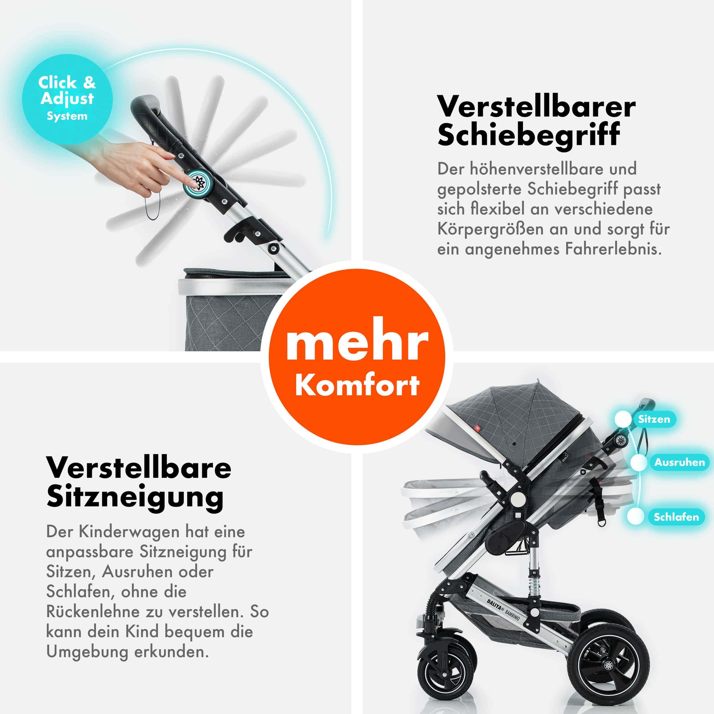 Daliya® Kombi-Kinderwagen BAMBIMO 2in1 Kinderwagen & Buggy, Babywanne und Sportsitz, Alu-Rahmen, (Grundausstattung für Babys, 9-tlg), Großer Einkaufskorb, Feder – Bild 5 von 5