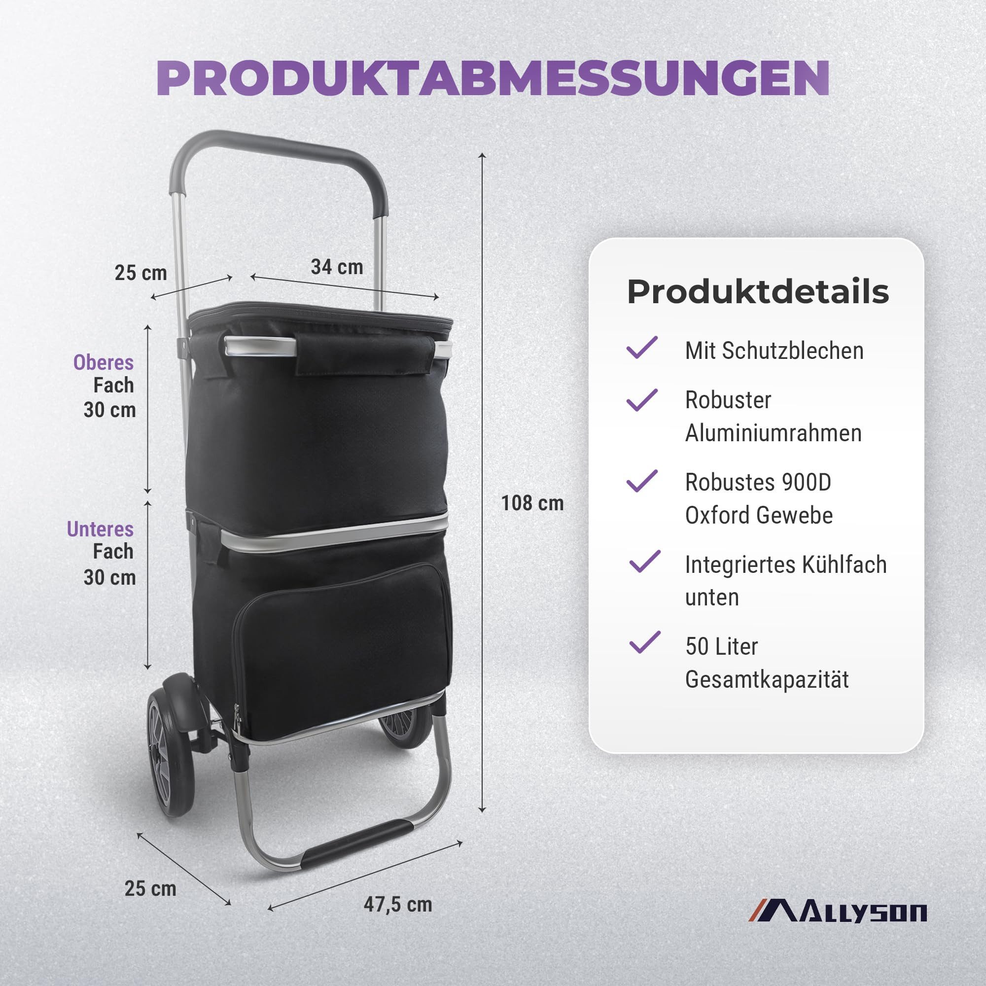 Allyson Einkaufstrolley Einkaufswagen klappbar, Einkauftrolley mit Leisen Rädern & Kühlfach, 900D Oxford & Doppel-Tasche klappbar & Leise Rollen