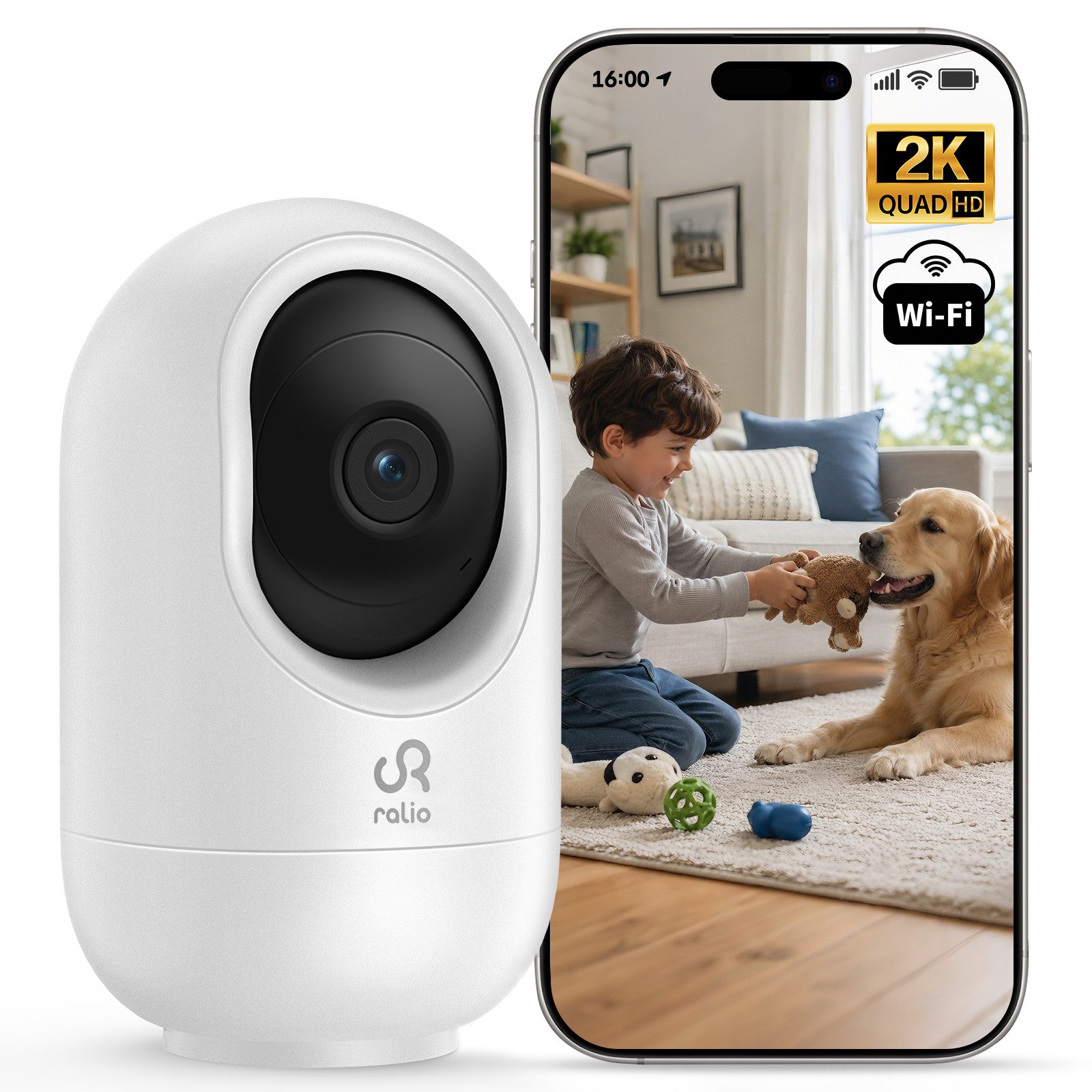 Ralio Überwachungskamera WLAN 2K/3MP Smart Home Sicherheitskamera mit Nachtsicht (8–10m) (Innenbereich, Bewegungserkennung, Zwei-Wege-Audio, Cloud & 256GB Speicher, 355° Schwenkbar, stabile 2.4/5GHz Verbindung, IP Kamera für Haus, Wohnung & Familie)