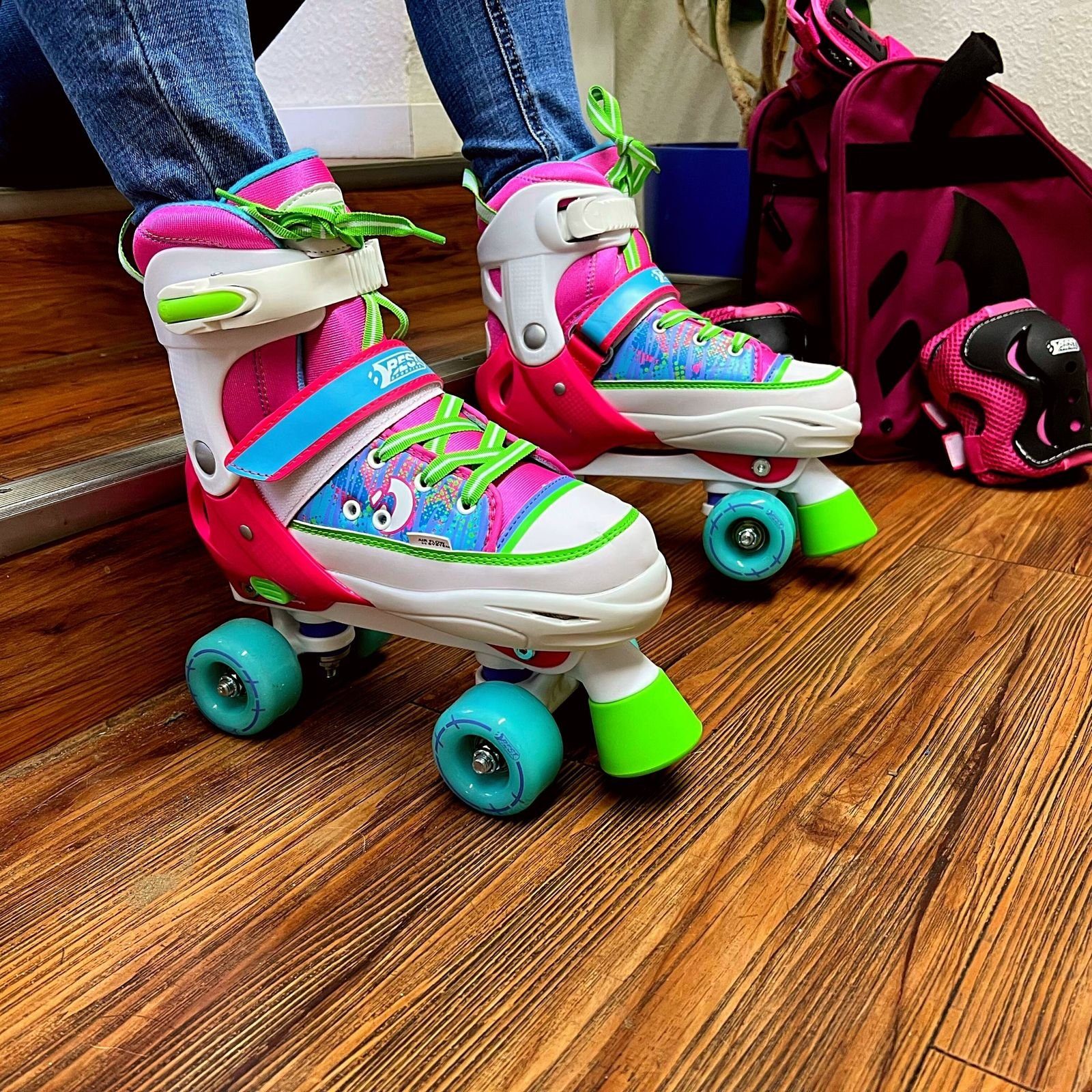 Best Sporting Schlittschuhe Rollschuhe, Größe verstellbar, ABEC 7 Carbon, pink-bunt