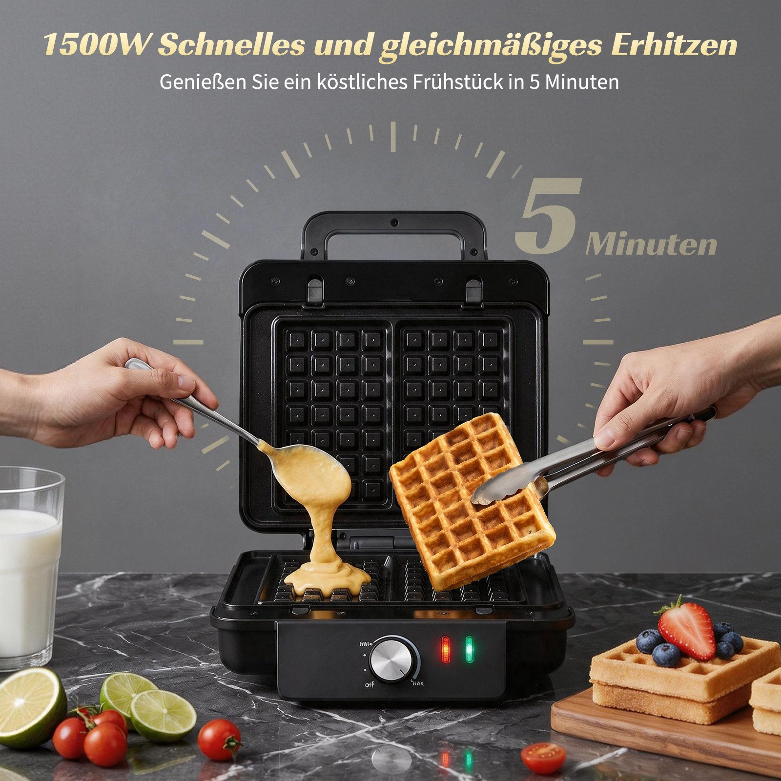 Aigostar 3-in-1-Kombi-Waffeleisen Waffeleisen, Kontaktgrill & Sandwichmaker, keram.Antihaftbeschichtung, 1500 W, einstellbare Temperatur, Multifunktionsgerät mit abnehmbaren Platten