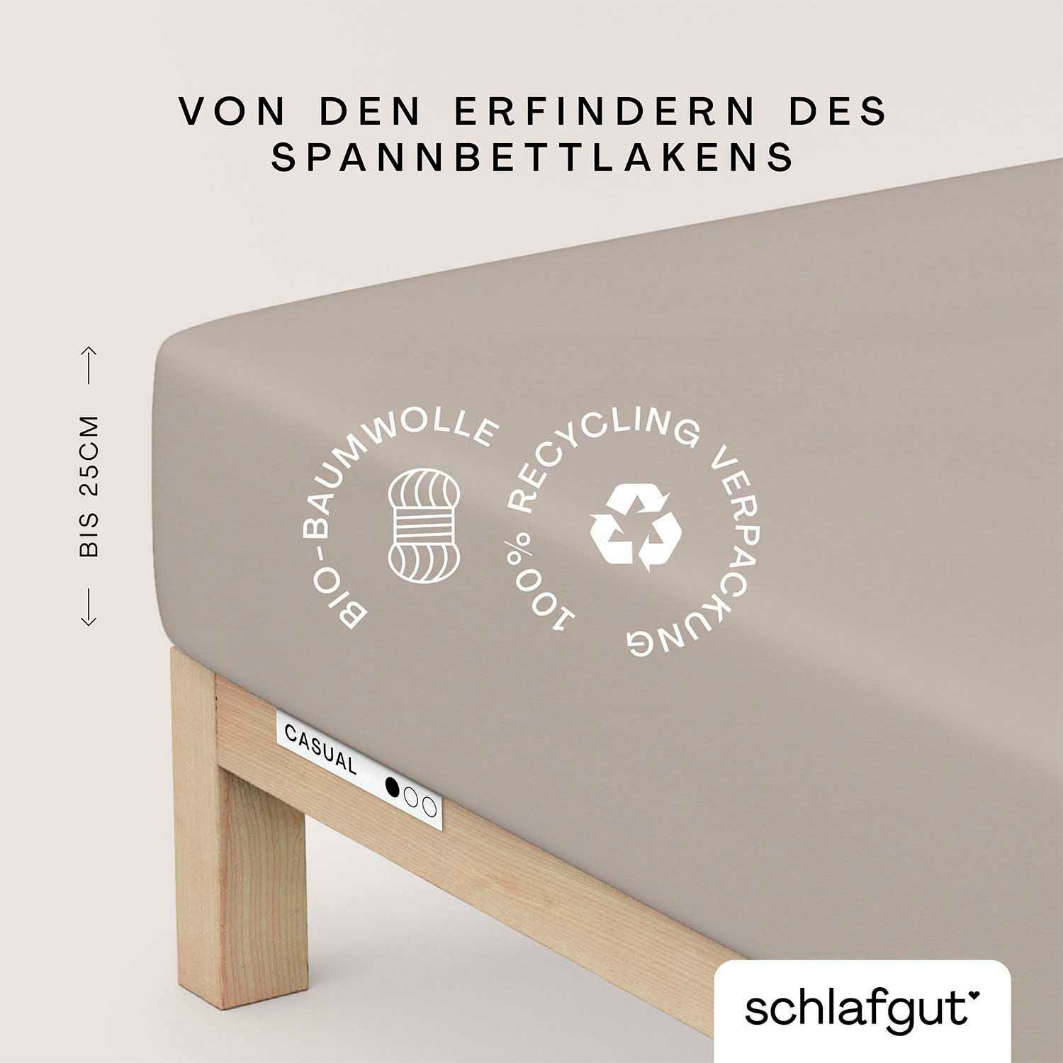 Schlafgut Spannbettlaken CASUAL Bettlaken 100% gekämmte Bio-Baumwolle, 150 g/m², Spannbetttuch, Jersey, Gummizug: rundum, (1 Stück), Bettlaken bis 25 cm Höhe, langlebig, weich, Antipilling-Ausrüstung