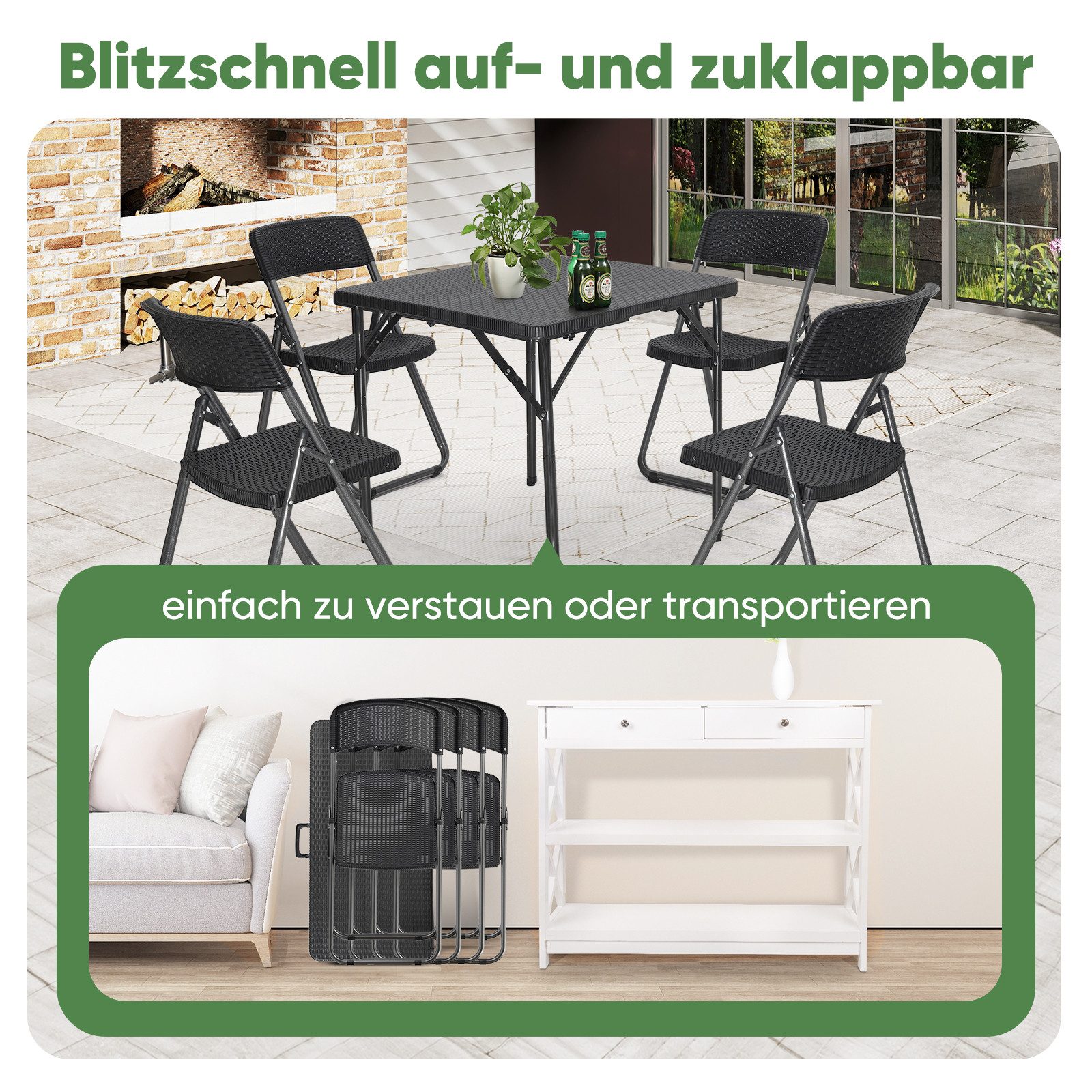 Sekey Garten-Essgruppe PE-Rattan Gartenmöbel-Set für 4 Personen, 4 Stühle mit Tisch klappbar, (5-tlg), Balkonset 4 Personen Balkonmöbel Set, Klappbar Gartentisc – Bild 5 von 5
