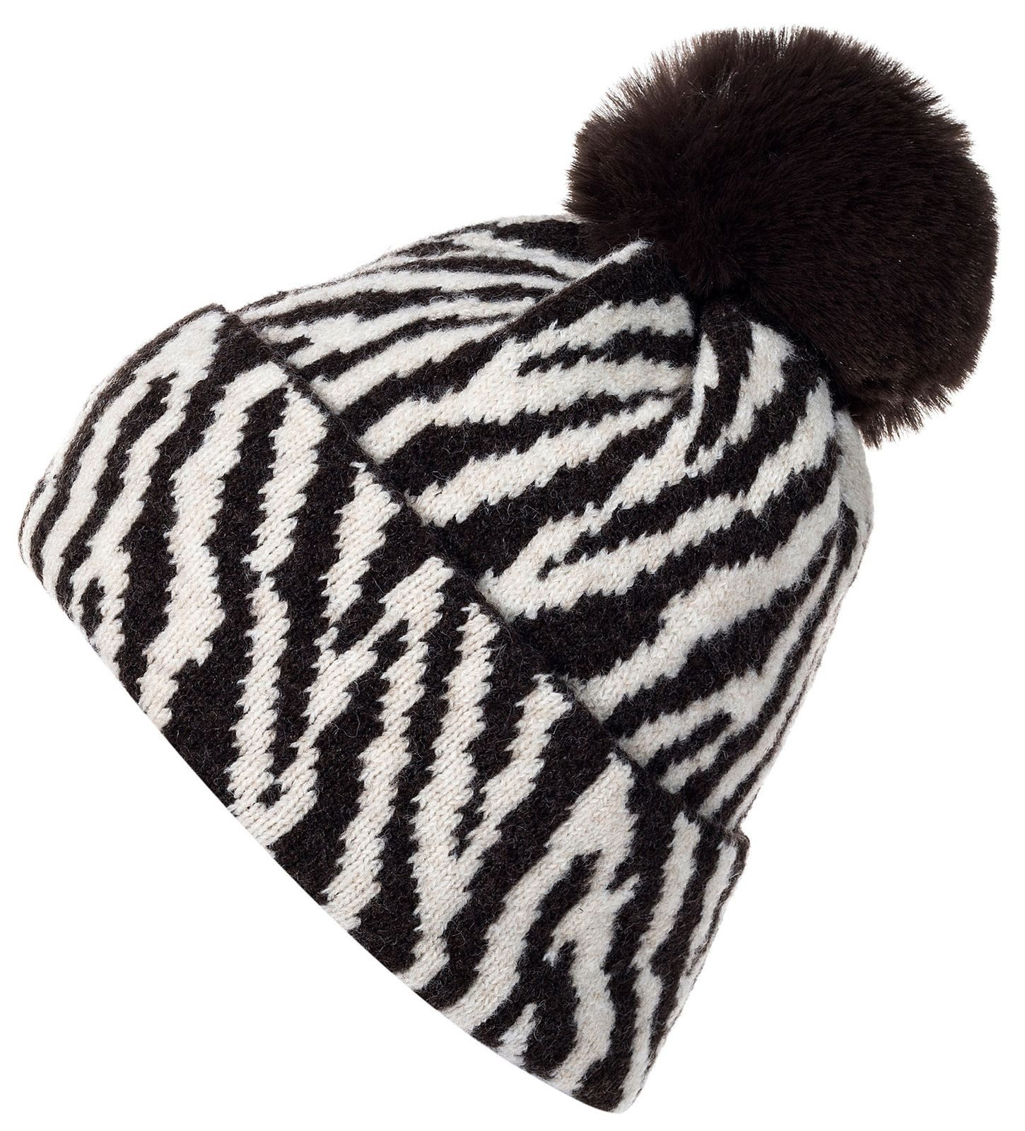 styleBREAKER Bommelmütze Strick Bommelmütze mit Zebra Muster (1-St)