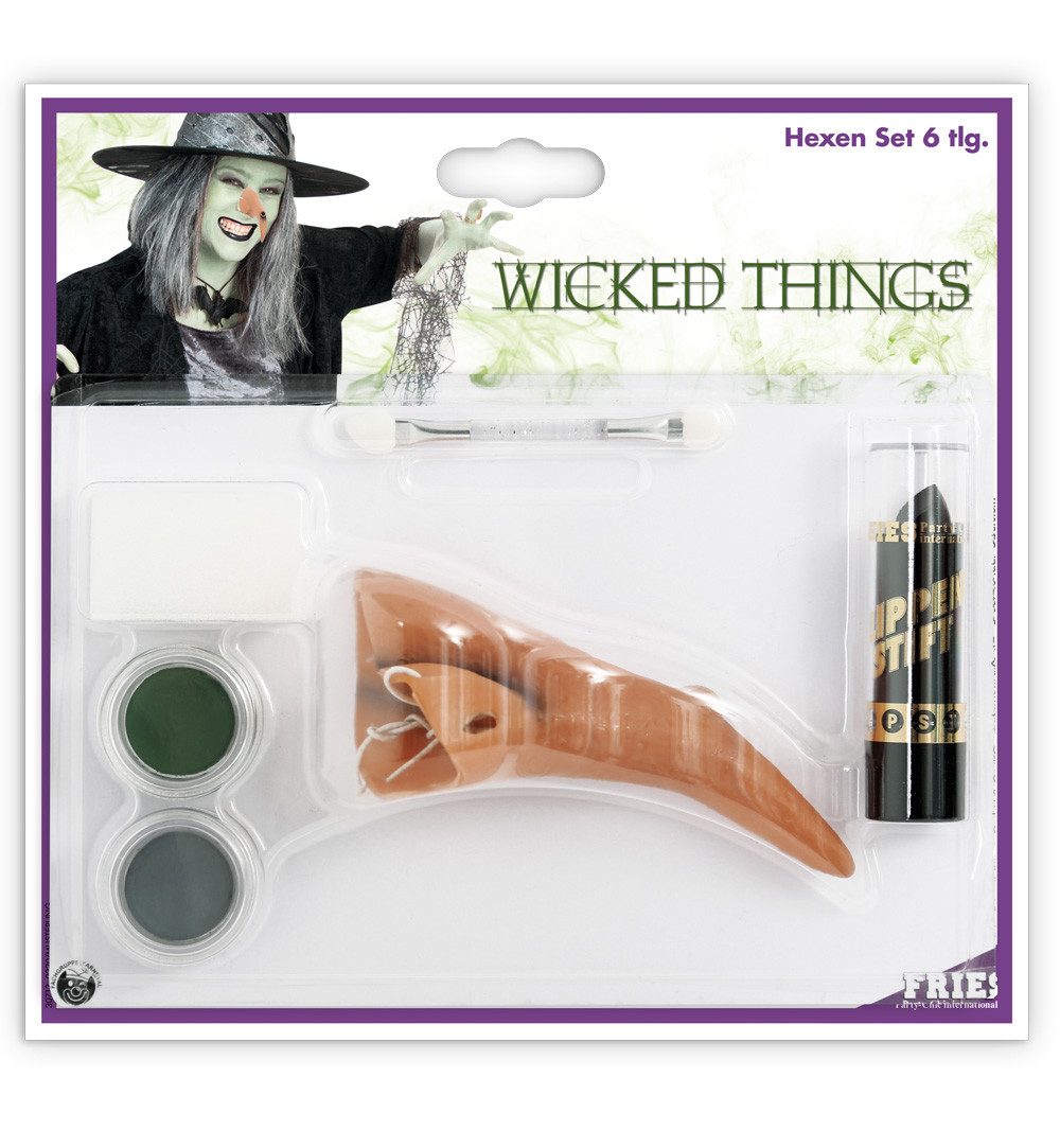 Fries Hexen-Kostüm 6-tlg Hexen Set Schmink Nase Schwarzer Lippenstift Schwamm Applikator, 6-tlg Hexen Set