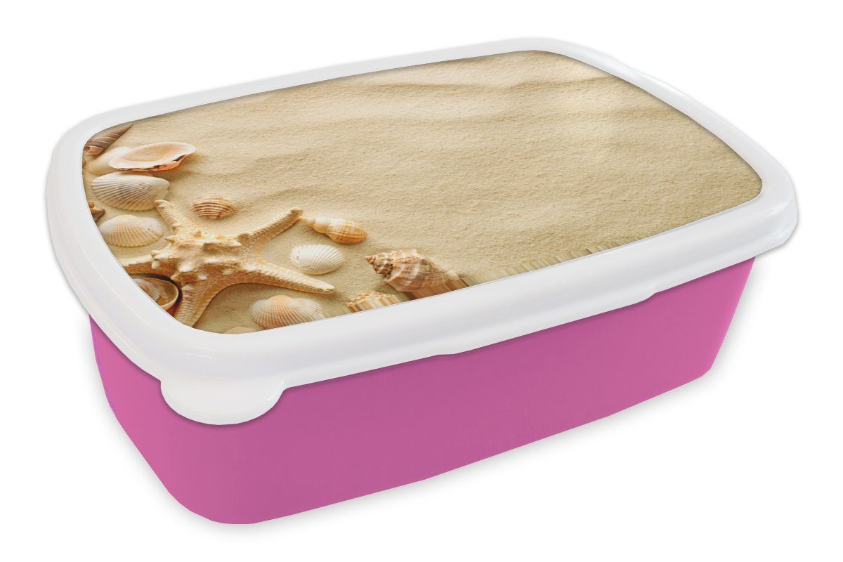 MuchoWow Lunchbox Muscheln - Sand - Strand, Kunststoff, (2-tlg), Brotbox für Erwachsene, Brotdose Kinder, Snackbox, Mädchen, Kunststoff rosa