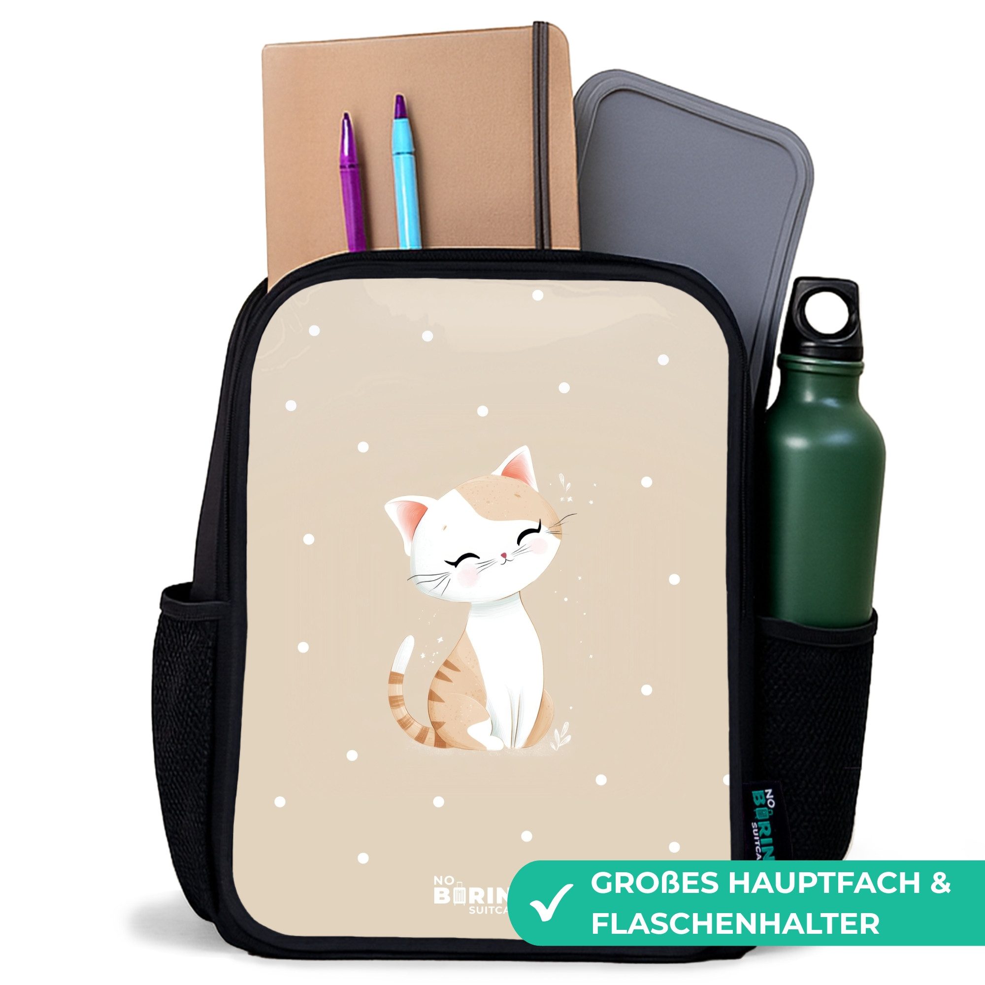 NoBoringSuitcases.com© Rucksack Katze umgeben von beigen Punkten, Kinderrucksack Schwarz, Schulrucksack, Freizeitrucksack Jungen Mädchen