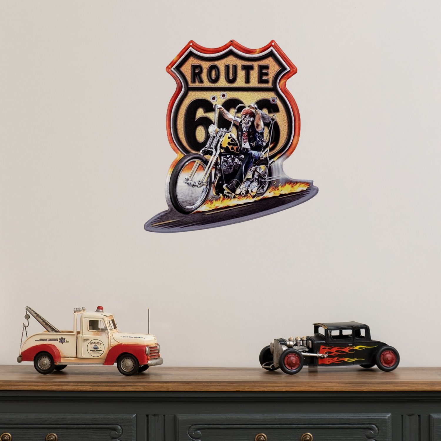 Moritz Metallschild Route 666 Hell Rider Motorrad Flammen, Vintage Retro Deko Schild Metallschild Wandbild Schild