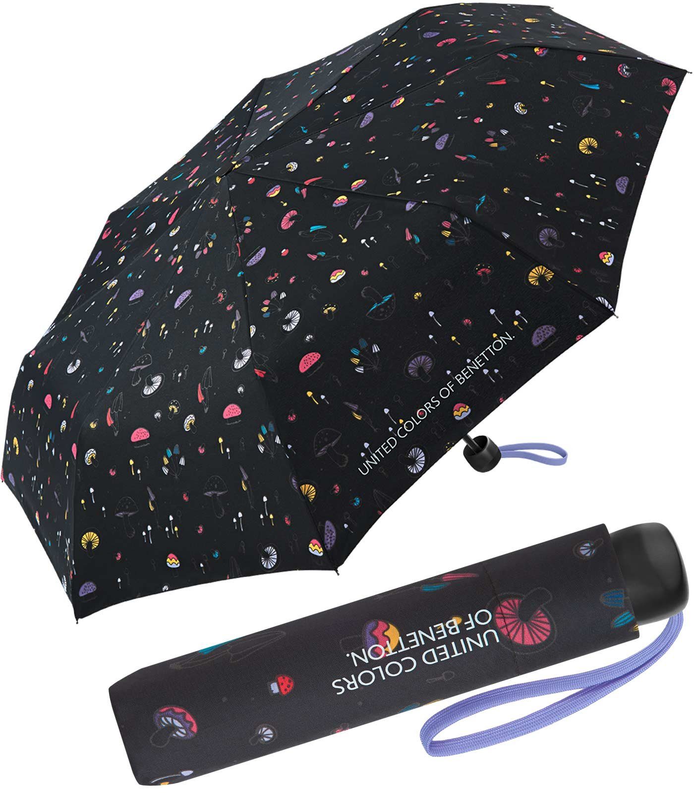 United Colors of Pilze-Design Taschenschirm Langregenschirm mit mit Benetton ungewöhnlichem stabiler, manueller Mushrooms Handöffner, 