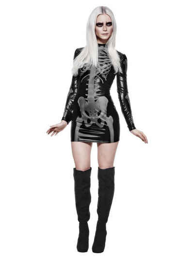 Smiffys Kostüm Knochenskelett Lackkleid, Hautenges Stretchkleid mit dreidimensionalem Skelettaufdruck