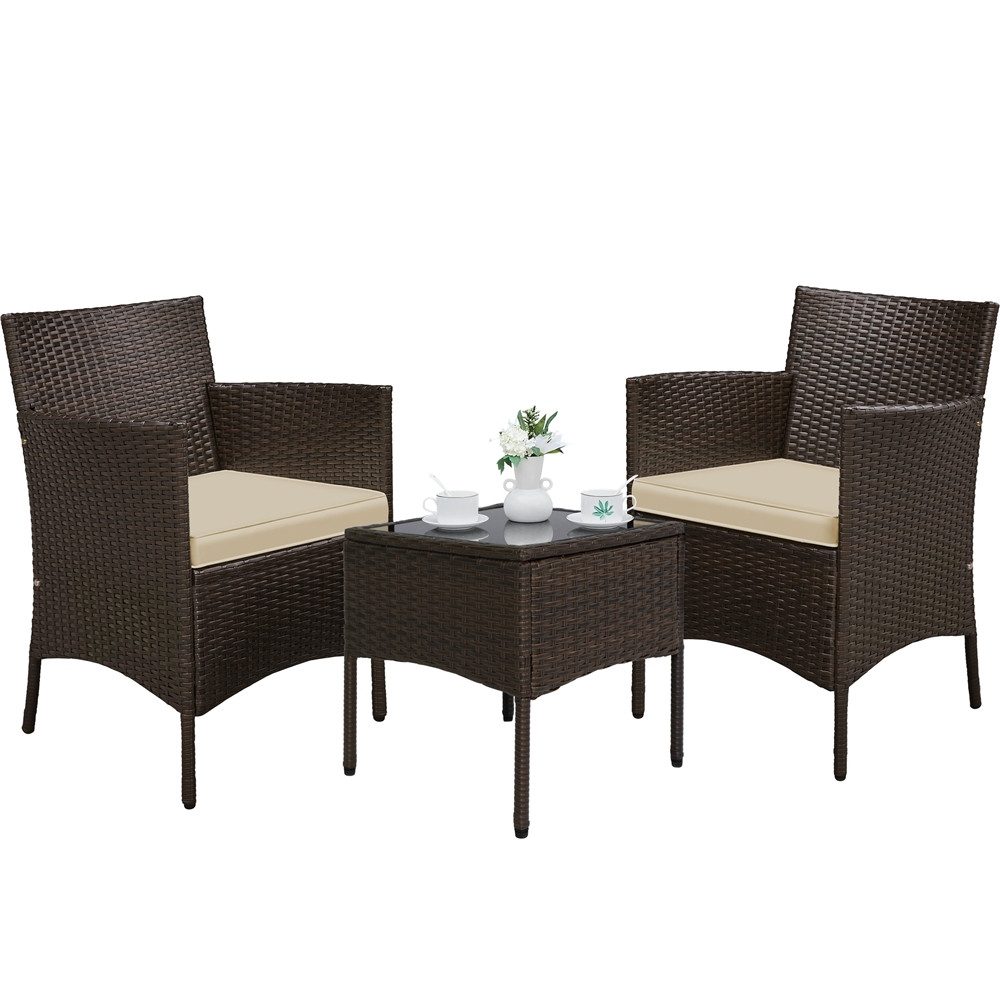 Yaheetech Balkonset Gartenmöbel-Set 3-Teilig in Rattanoptik für 2 Personen, Gartengarnitur inkl. 2 Stühle mit Kissen & Tisch mit Hartglasplatte