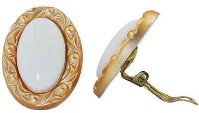unbespielt Paar Ohrclips Modeschmuck Ohrringe weiss mit Rahmen goldfarbig 30 x 21 mm Kunststoff, Modeschmuck für Damen