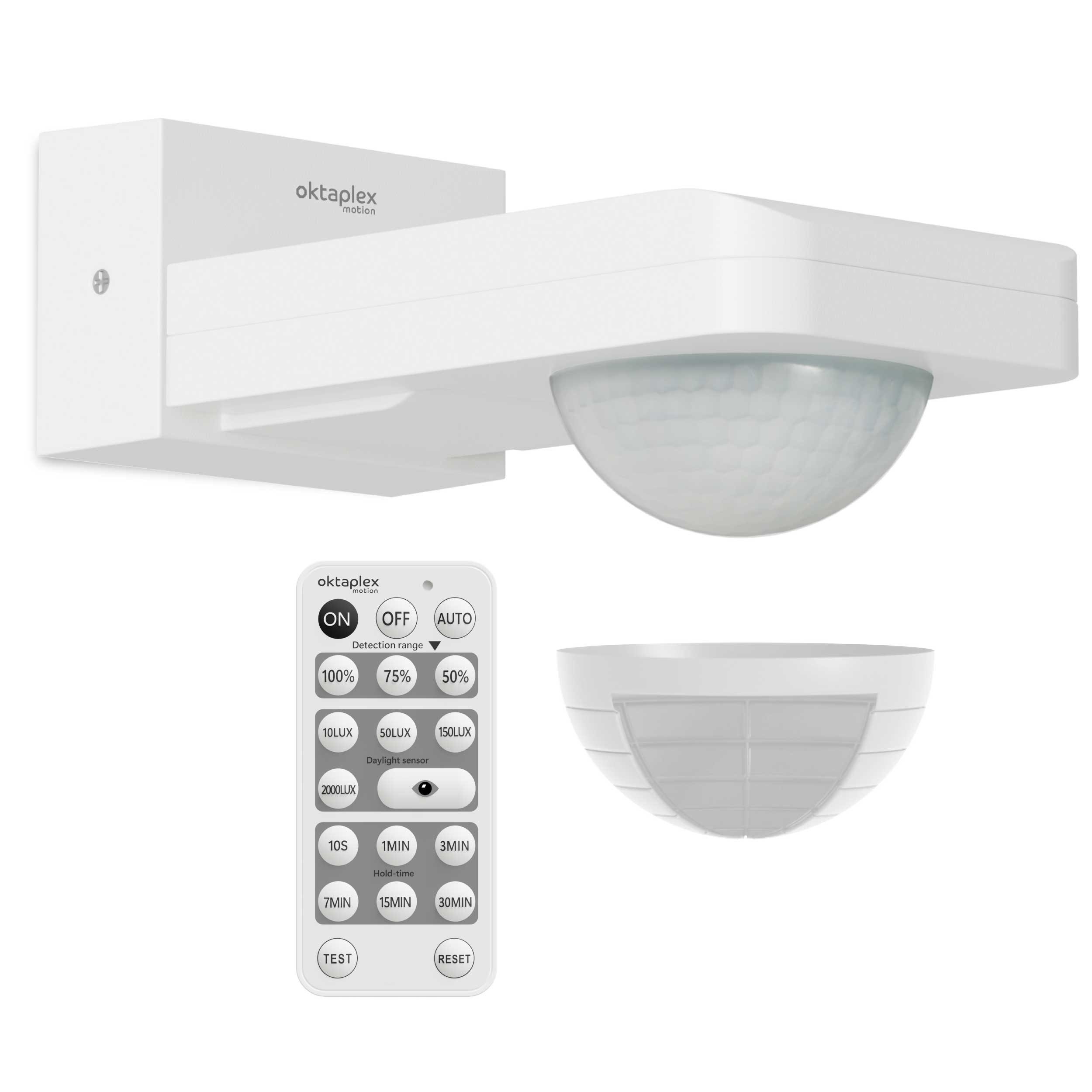 Oktaplex motion Bewegungsmelder Tea Bewegungsmelder aussen 360 Grad 9 m IP65 Decke Wand, mit Fernbedienung schwenkbar Dämmerungssensor weiß
