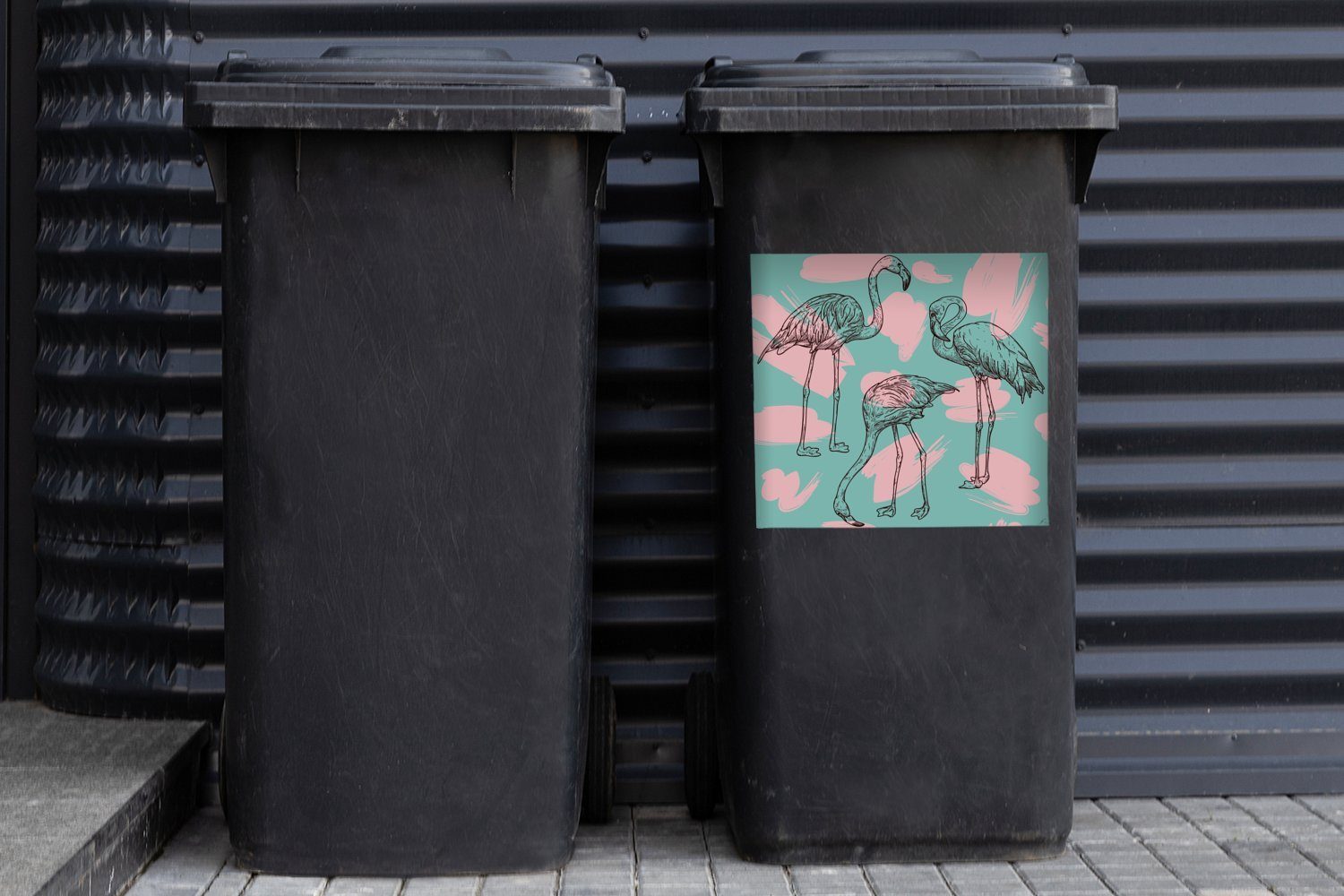 MuchoWow Wandsticker Eine vor Illustration blauen (1 St), Abfalbehälter in Mülltonne, Mülleimer-aufkleber, Flamingos Container, einem Hintergrund Sticker, von