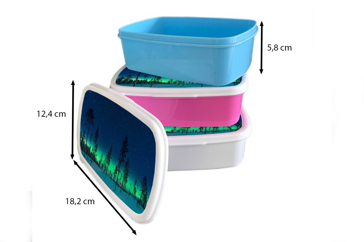 MuchoWow Lunchbox Nordlicht (2-tlg), - rosa Brotdose Natur für - - Bäume Grün, Erwachsene, Schnee Brotbox - Kunststoff, Kunststoff Snackbox, Kinder, Mädchen