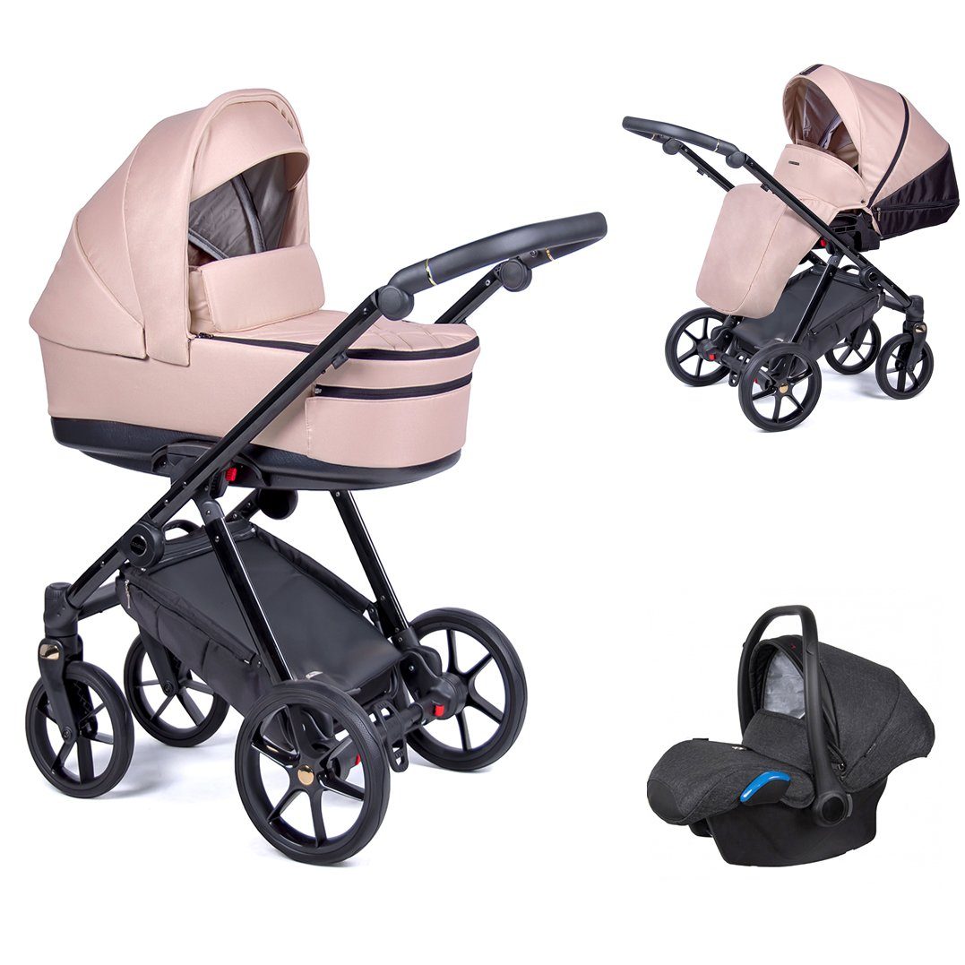 babies-on-wheels Kombi-Kinderwagen 3 in 1 Kinderwagen-Set Axxis - 15 Teile - in 24 Designs Creme = Gestell schwarz