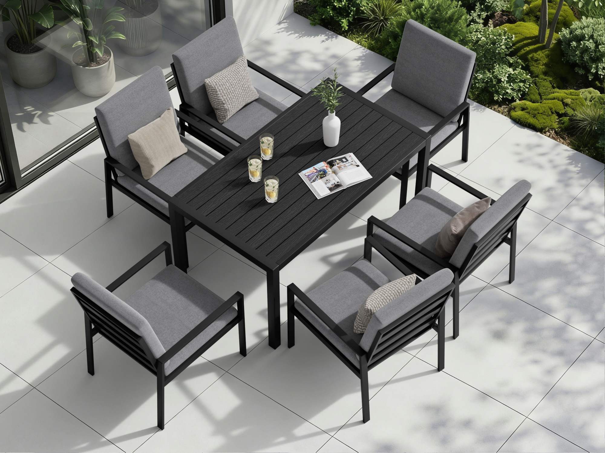 MeXo Gartenlounge-Set Gartenmöbel Set Aluminium Outdoor, (Garten-Essgruppe für 6 Personen, 7-tlg., mit Polywood Tisch & Auflagen), wetterfest für Terrasse & Gar – Bild 4 von 5