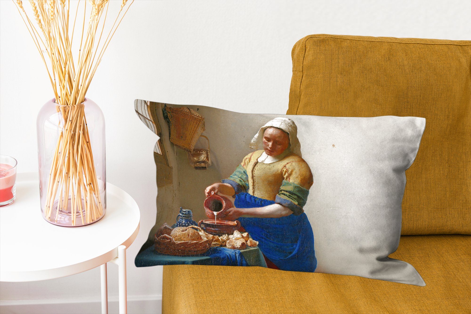 - Kunst Das Vermeer, Füllung, - Alte Dekoration, - mit MuchoWow Wohzimmer Schlafzimmer Meister Zierkissen, Dekokissen Milchmädchen Dekokissen