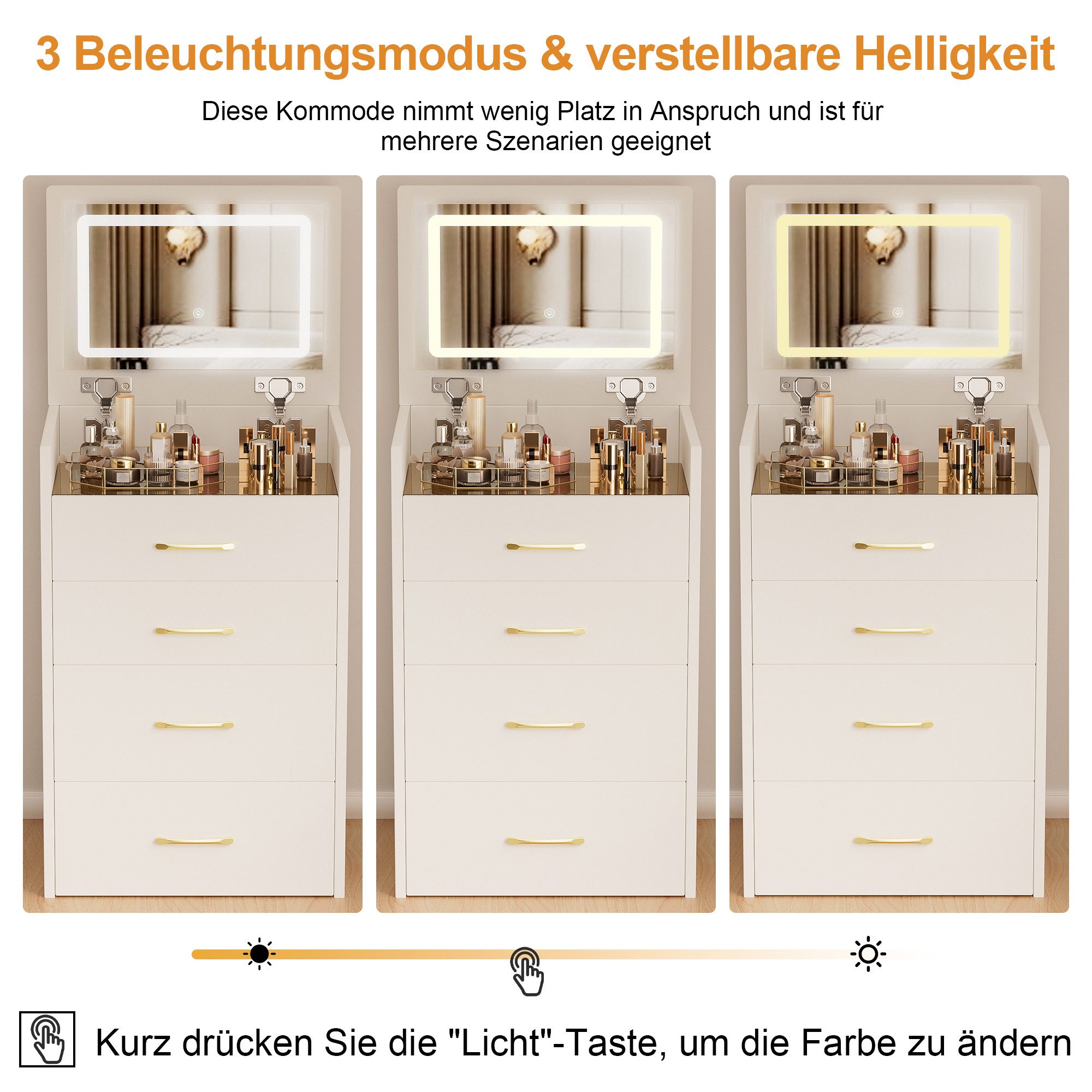 KLAM HOME Schminktisch 3-in-1 Schminktisch Weiß/Walnuss mit Glasplatte, nutzbar als Sideboard (Kompakter Kosmetiktisch mit 3 Schubladen & platzsparendem Hocker) – Bild 5 von 5