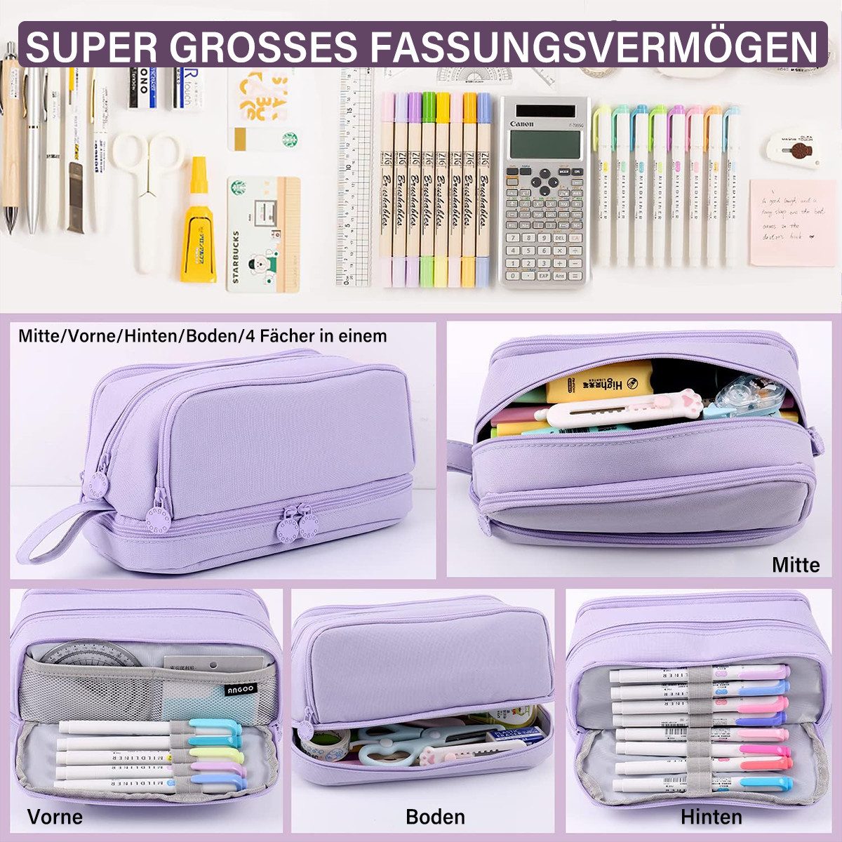 MOPUEA Federmäppchen Federmäppchen mit großem Fassungsvermögen, Reißverschluss und Griff, (Federmäppchen, Großes Federmäppchen mit mehreren Reißverschlussfächern), Großes Fassungsvermögen, doppellagig, mehrere Fächer, robustes Canvas