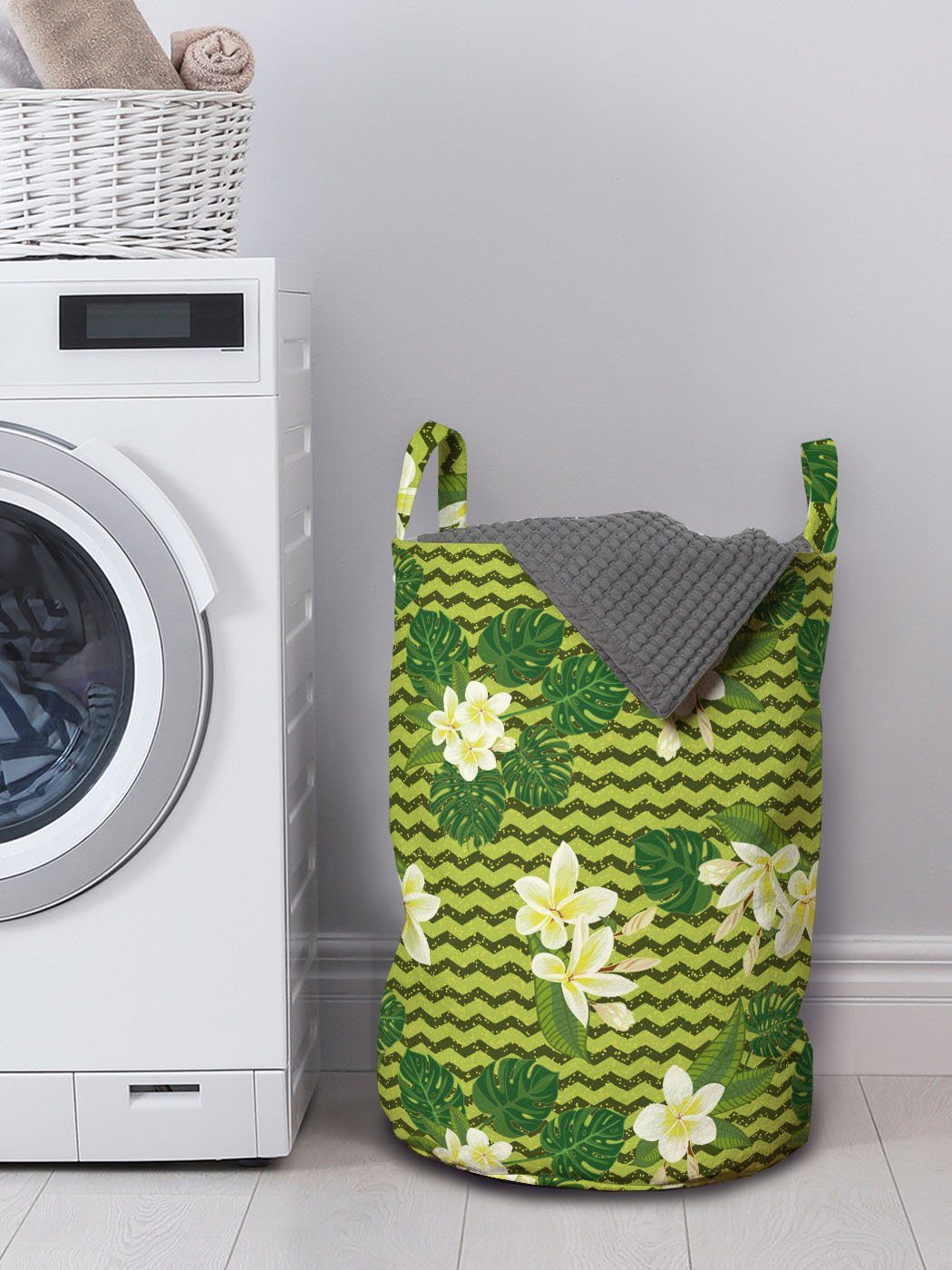 Exotische Wäschekorb auf für Blumen Waschsalons, Zigzags Abakuhaus Blumen Griffen Kordelzugverschluss Wäschesäckchen mit
