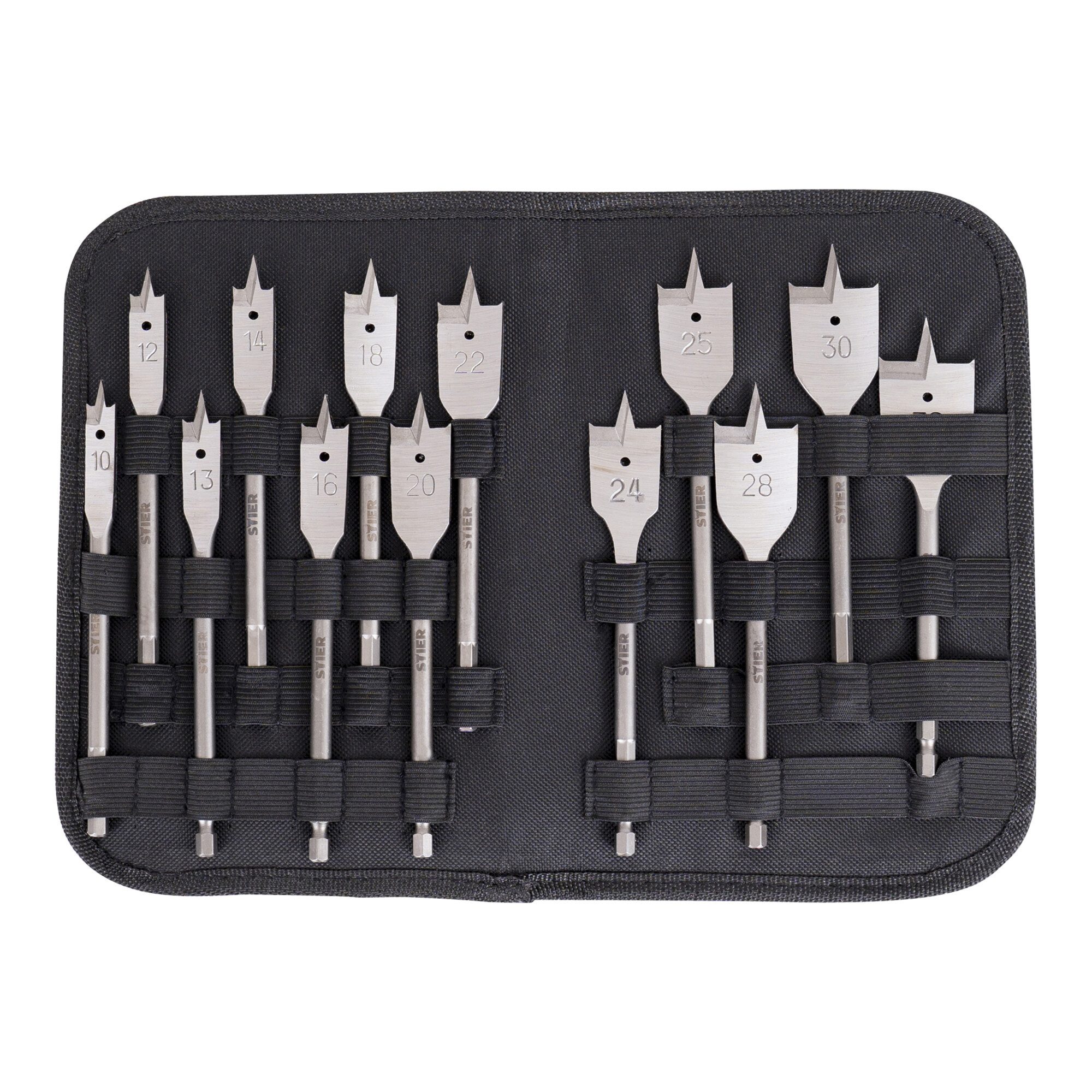 Stier Holzbohrer STIER Flachfräsbohrer 13-teiliges Set 10 - 32 mm 1/4 Zoll griffbereit