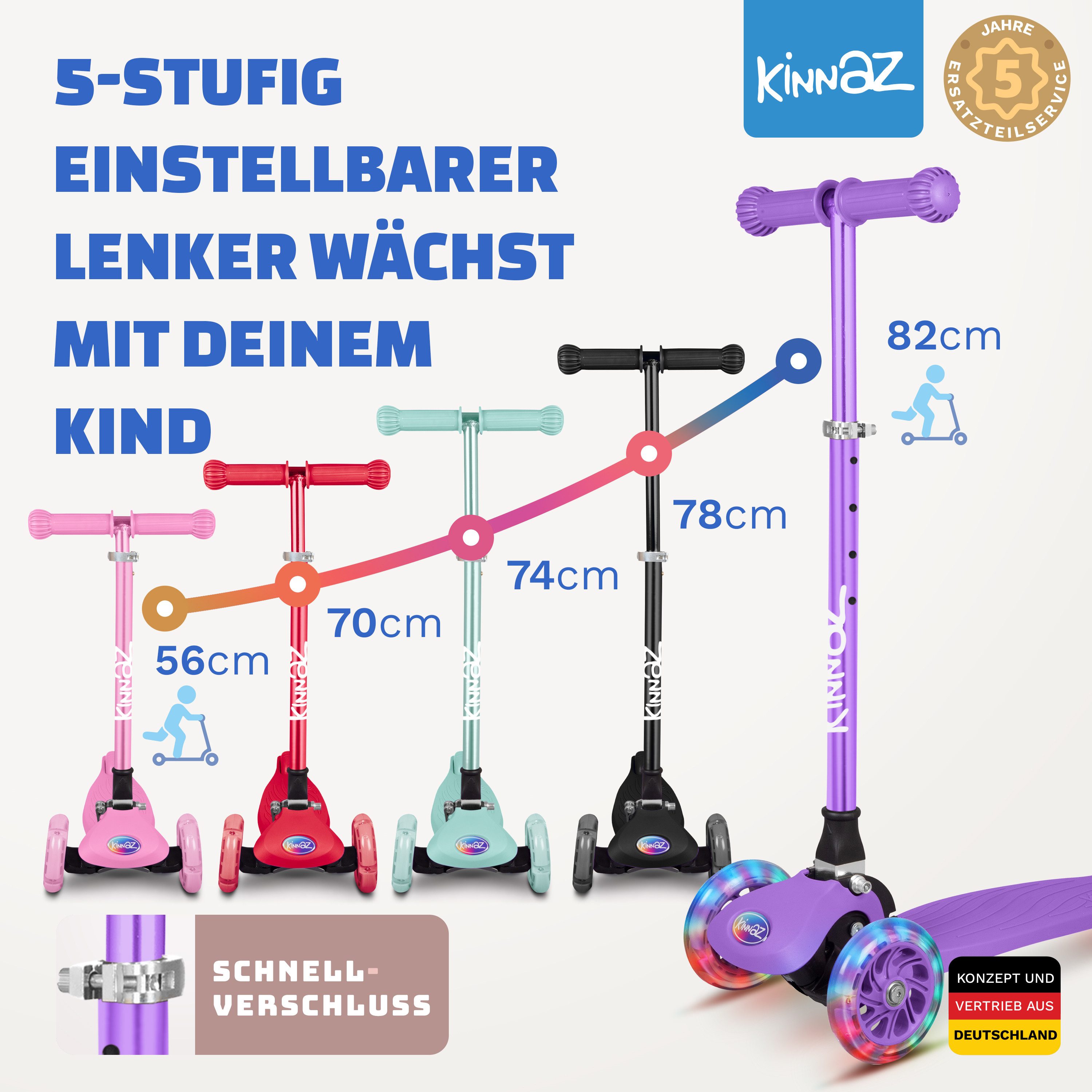 KINNAZ Dreiradscooter ab 2 Jahre LED, faltbar, Höhe flexibel, Kinderoller, Scooter, Roller, (Kinderroller, kinnaz ONE), Händler aus Hamburg