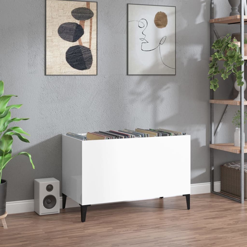 furnicato Media-Regal Plattenschrank Hochglanz-Weiß 74,5 x 38 x 48 cm, 1-tlg., Stabiles LP-Regal mit Metallfüßen und viel Stauraum für das Wohnzimmer