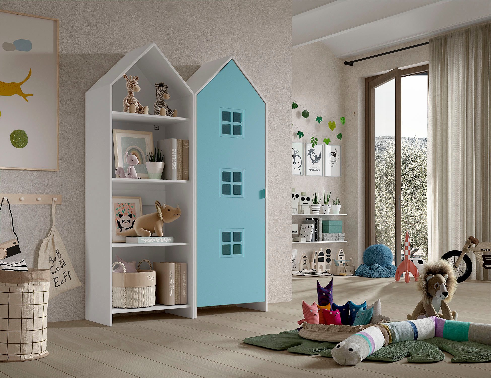 Vipack Kleiderschrank Set Casami Bruges in trendigem Design, 1 Regal u. 1 Kleiderschrank (2-St., Schranktür in verschiedenen Farben und Fensteranordnungen) variable Typenanordnung, Kleiderschrank mit Böden und Kleiderstange