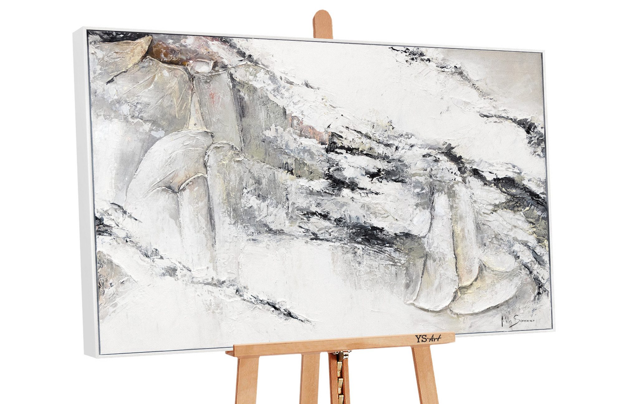 YS-Art Gemälde Renaissance , Abstraktes Leinwand Bild Handgemalt Schwarz Weiß mit Rahmen