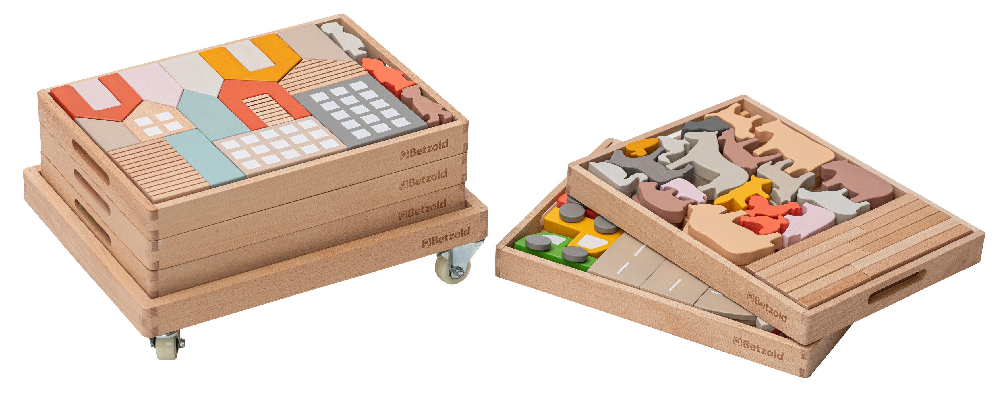 Betzold Bausteinwagen mit 5 Fächern & Holzfiguren Spielbausteine