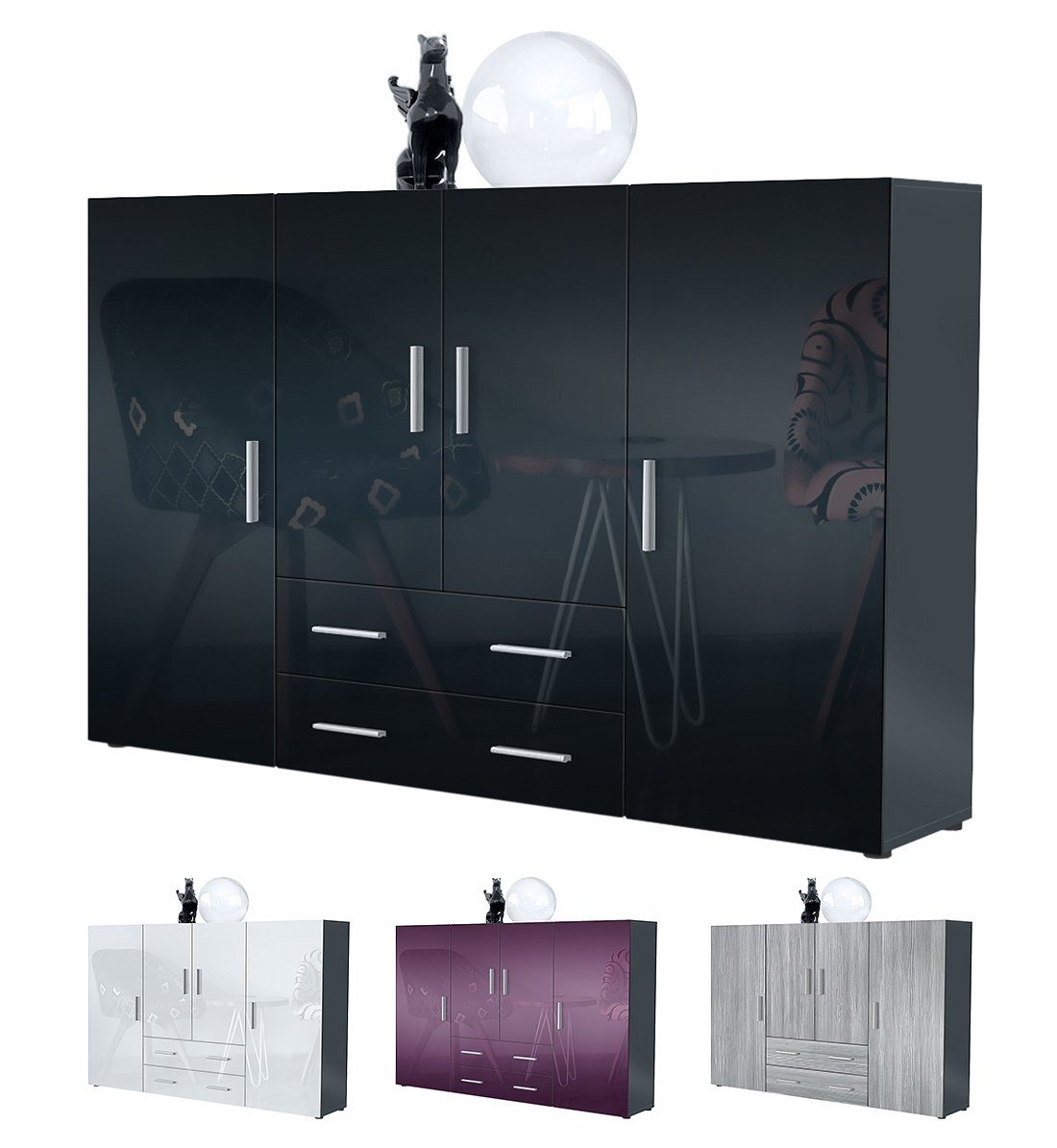 Vladon Highboard Nora (Anrichte mit 2 Schubladen und 4 Türen, mit insgesamt 8 Fächer dahinter), Anthrazit matt/Weiß Hochglanz (166,5 x 106,5 x 35 cm) – Bild 4 von 5