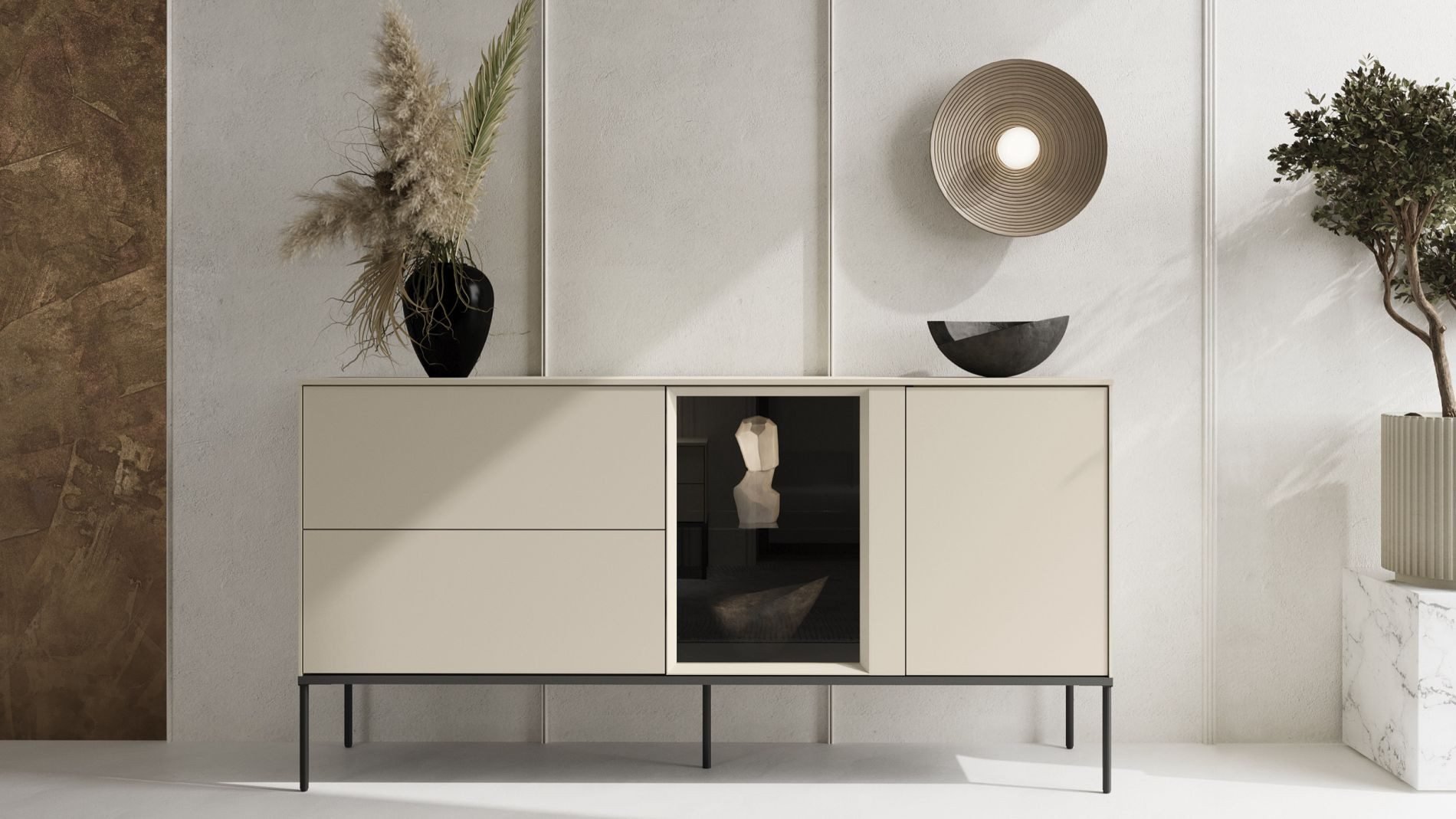 Selsey Sideboard BELLEZO, Sideboard mit beleuchteter Glasvitrine und zwei Schubladen 166 cm