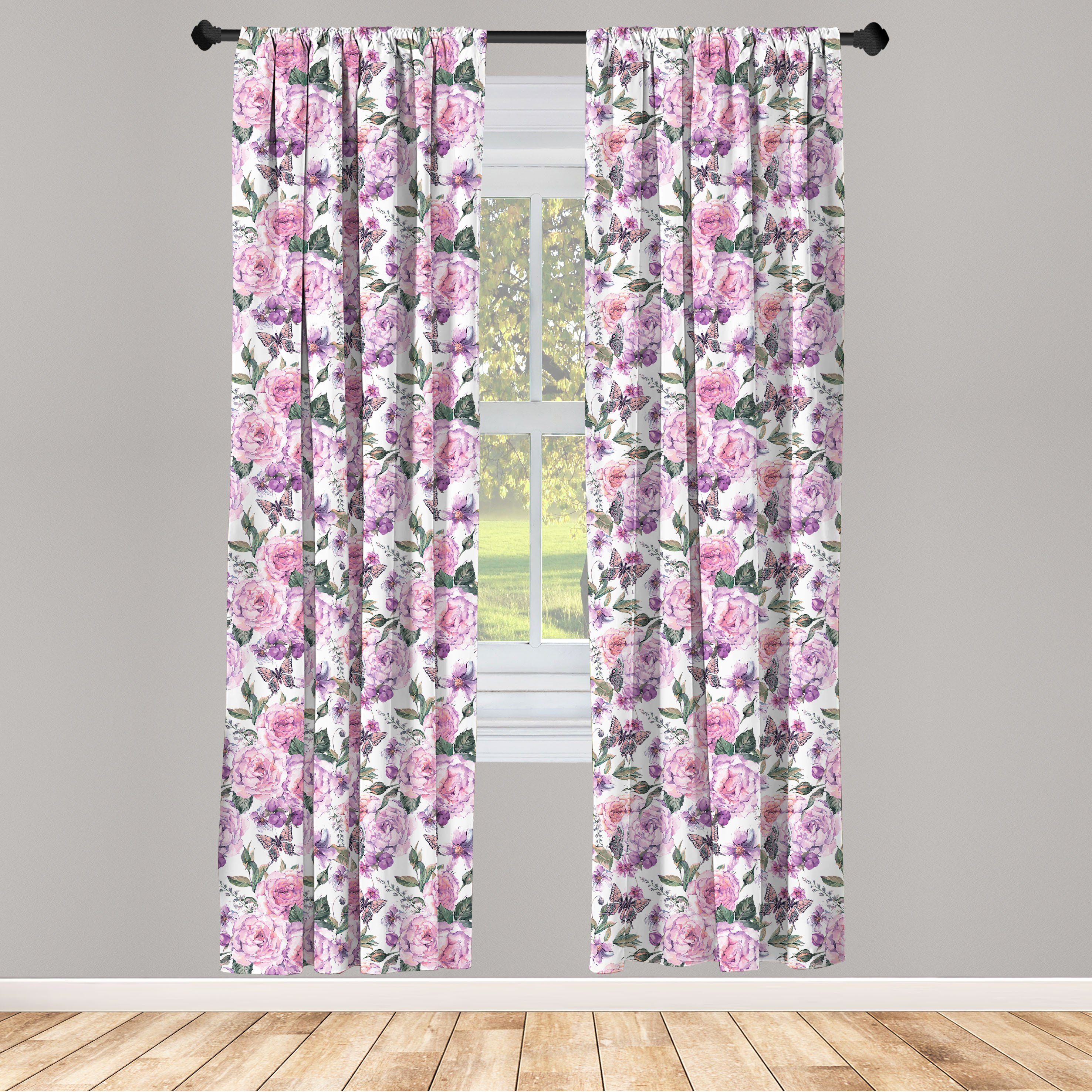 Gardine Vorhang für Wohnzimmer Schlafzimmer Dekor, Abakuhaus, Microfaser, Blumen Swallowtails und Rosen | Fertiggardinen
