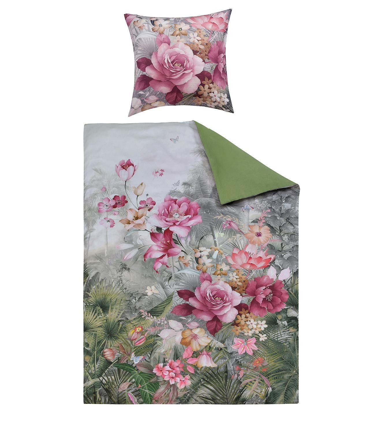 Bettwäsche ROSALIE, 135 x 200 cm, Pink, Grün, Grau, Satin, 2 teilig, florales Muster, mit Reißverschluss