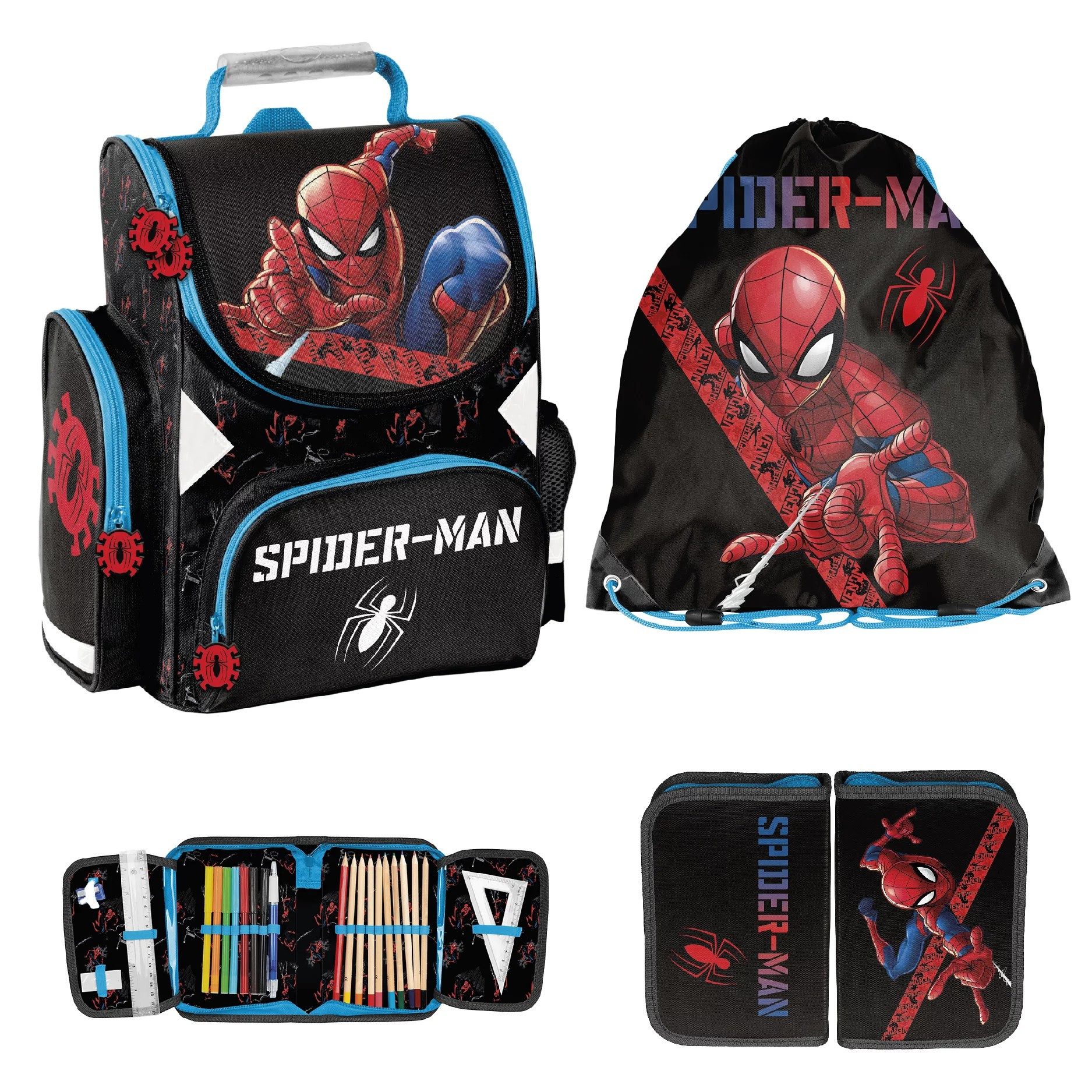 Ebaxx Schulranzen Schulranzen Set 3-teilig Tornister Jungen Spiderman Schwarz