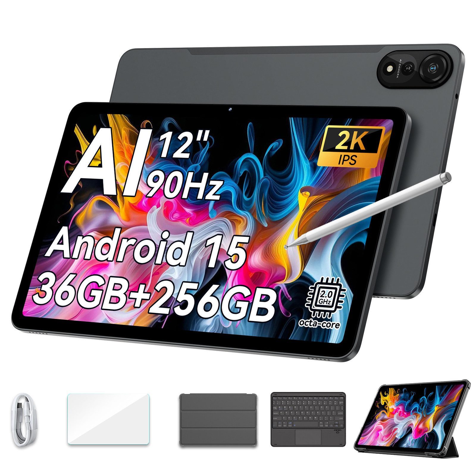 blackview 12'' Mega2wifi, 2K, Android 15 incl. Stift, Schutzhülle Tablet (12", 256 GB, Android 15, 2K, Android 15, 9000mAh, 256GB, AI)