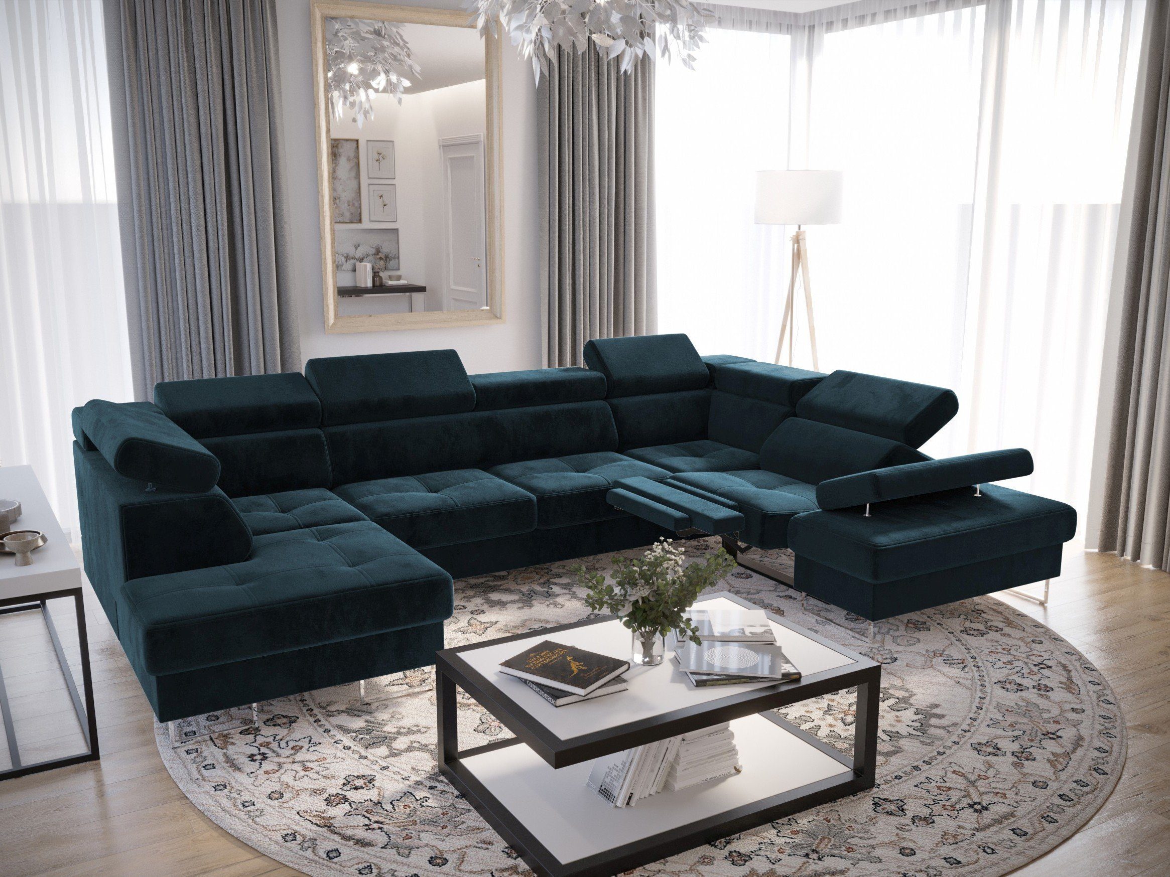 Möbel für Dich Wohnlandschaft XXL Ecksofa Galayx Max2 Relax, mit Relaxfunktion, mit Schlaffunktion, mit Bettkasten Veloursstoff Monolith 77 dunkelblau