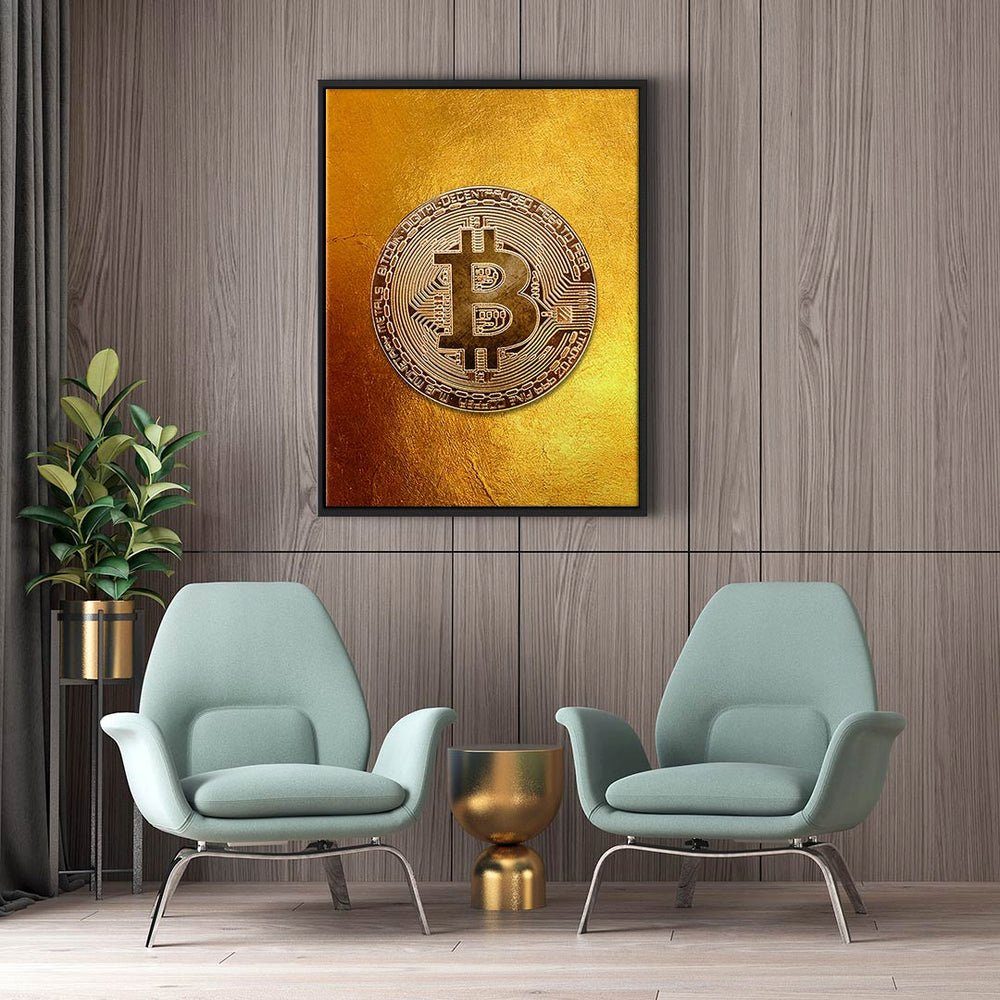 Motivation Premium Leinwandbild, - weißer DOTCOMCANVAS® Rahmen Bitcoin Trading Golden - Crypto Leinwandbild - -