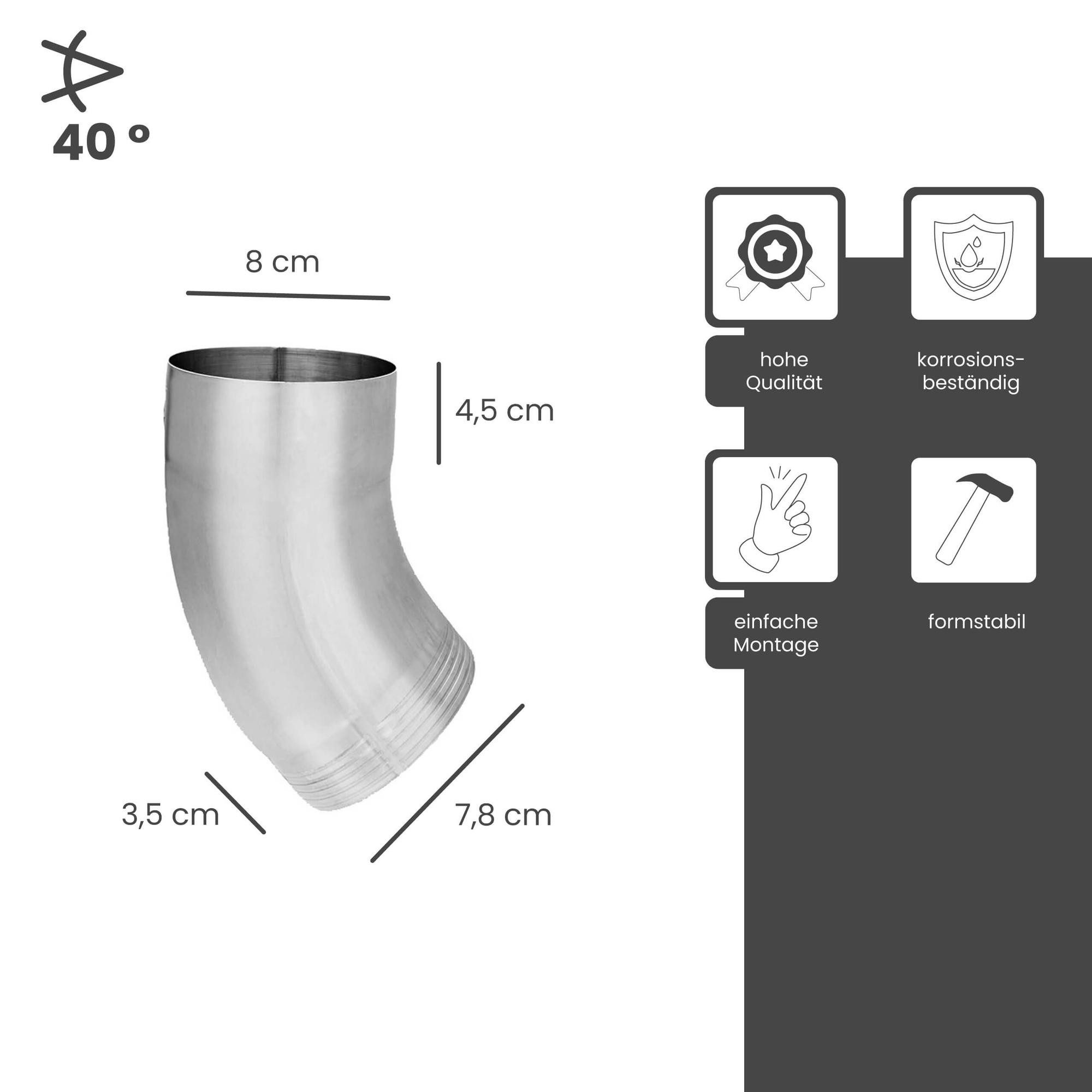 Zambelli Regenfallrohr, (Fallrohrbogen 40 Grad verzinkt, einteilig gefalzt DN 80 Silber), Rohrbogen hoher Korrosionsschutz, einfache Montage ohne löten