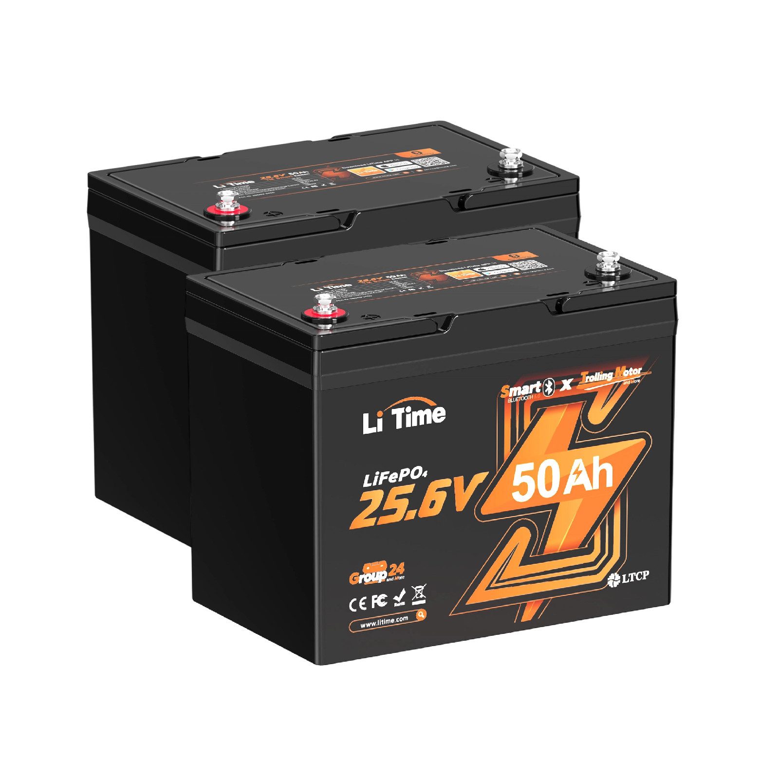 LiTime 24V 50Ah LiFeP04 Batterie Gruppe24 mit Bluetooth 1280Wh Solarakkus (24 V), Stromspeicher für 100lb Elektromotor-Boote, Wohnmobile und Solar