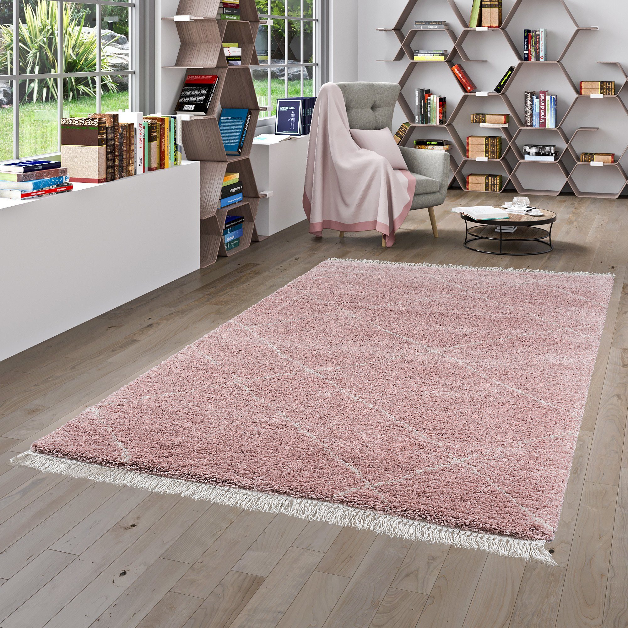 Hochflor-Teppich Hochflor Langflor Shaggy Teppich 100% Rauten, Pergamon, Boho 35 Material: mm, Rechteckig, Polypropylen Höhe