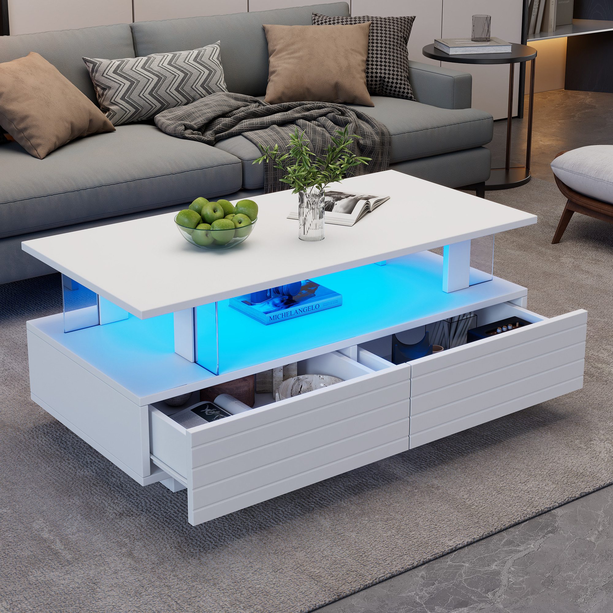 STILVORA Couchtisch weiß Acryl-LED-wohnzimmertisch mit Bluetooth-Handy-App-Steuerung (Satztisch, Beistelltisch, 1-St., 2 Schubladen), Acryl-LED-wohnzimmertisch, mit Bluetooth-Handy-App-Steuerung